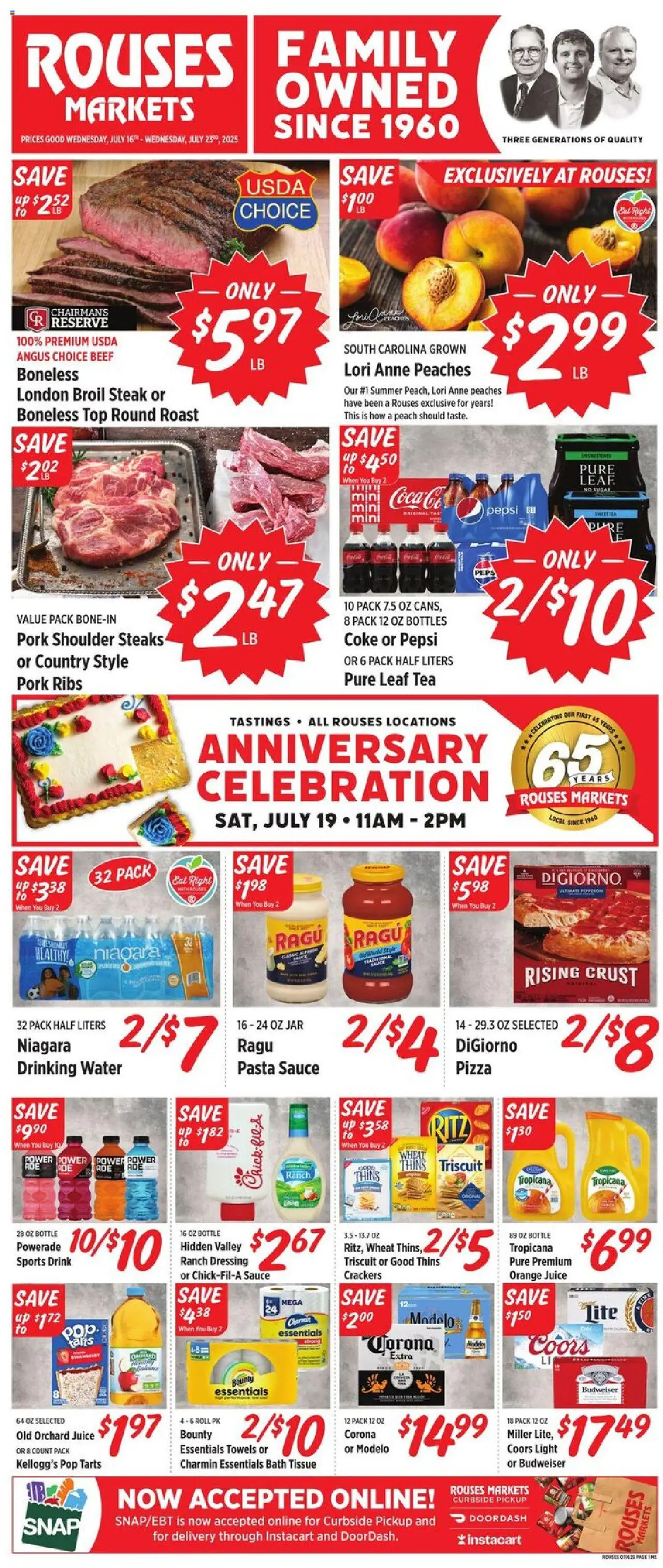 Rouses Weekly Ad - MS - valid from 16.07.2025 | Page: 1 | Products: Peaches, Bath, Juice, Water