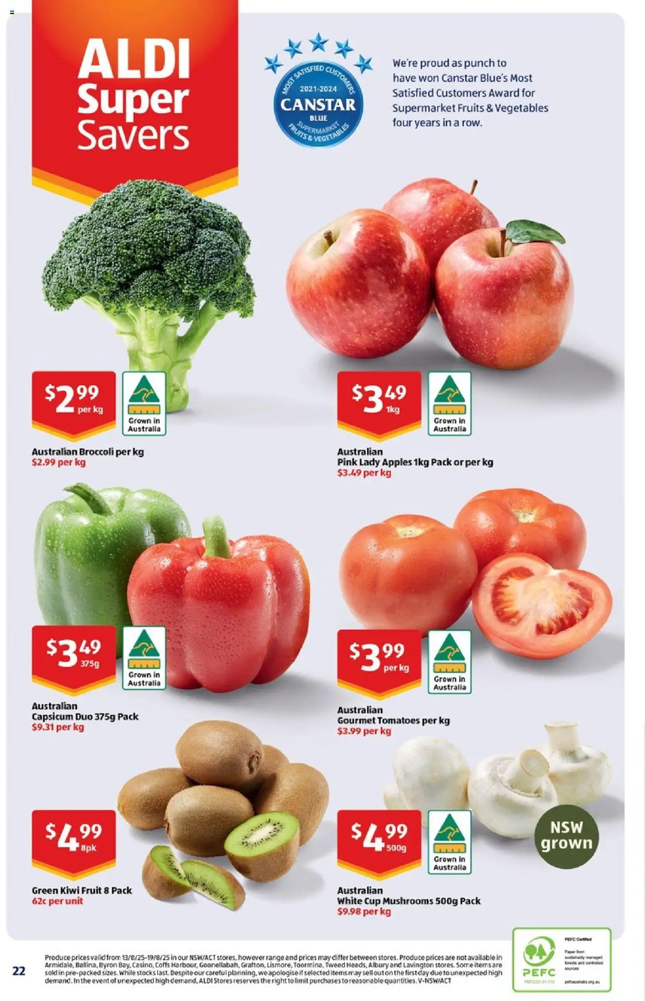 Aldi catalogue - valid from 20.08.2025 | Page: 22 | Products: Capsicum, Tomatoes, Mushrooms, Vegetables