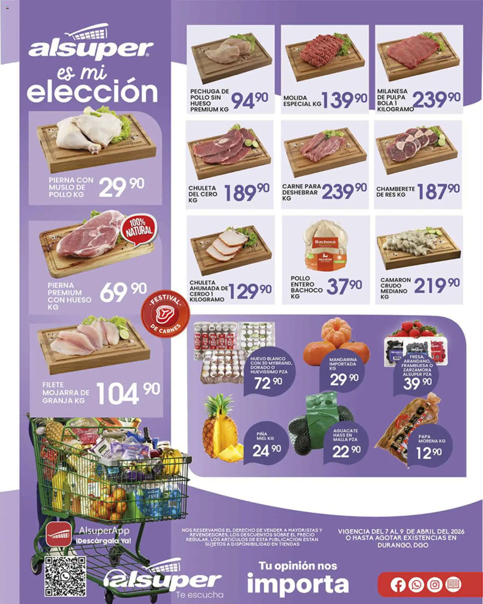 Nuevas ofertas de Alsuper válidas en toda la República Mexicana desde el 07.04.2026. ¡Encuentra las mejores ofertas en Alsuper folleto Durango! | Página: 1 | Productos: Cerdo, Res, Piña, Sobre