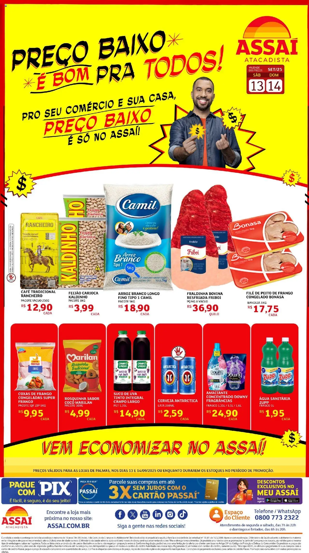 Assaí Atacadista Folheto - válido de 13.09.2025 | Página: 1 | Produtos: Fraldinha, Arroz, Carne, Telefone