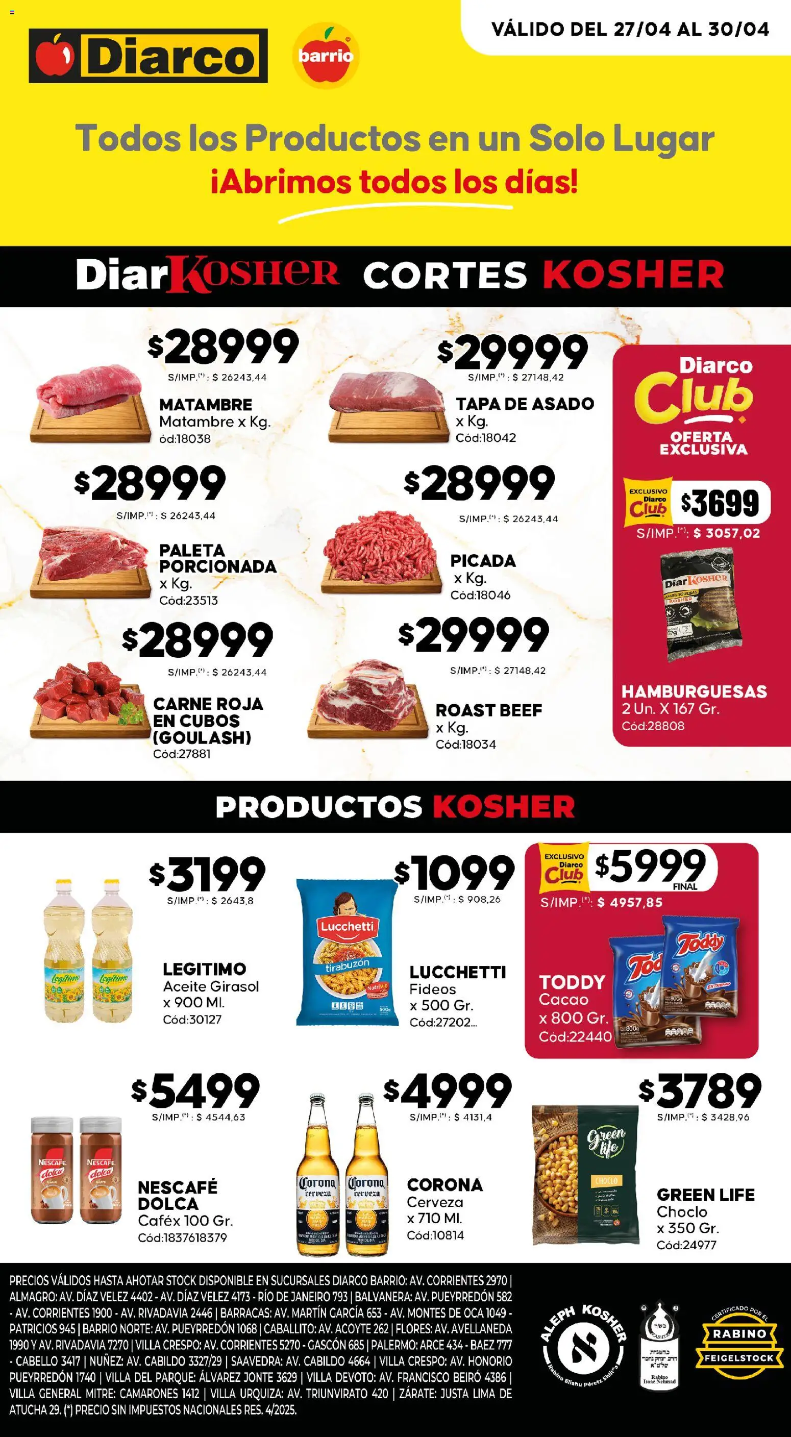 Diarco - Ofertas Kosher │ válido desde el 27.04.2026 | Página: 1 | Productos: Choclo, Aceite, General, Fideos
