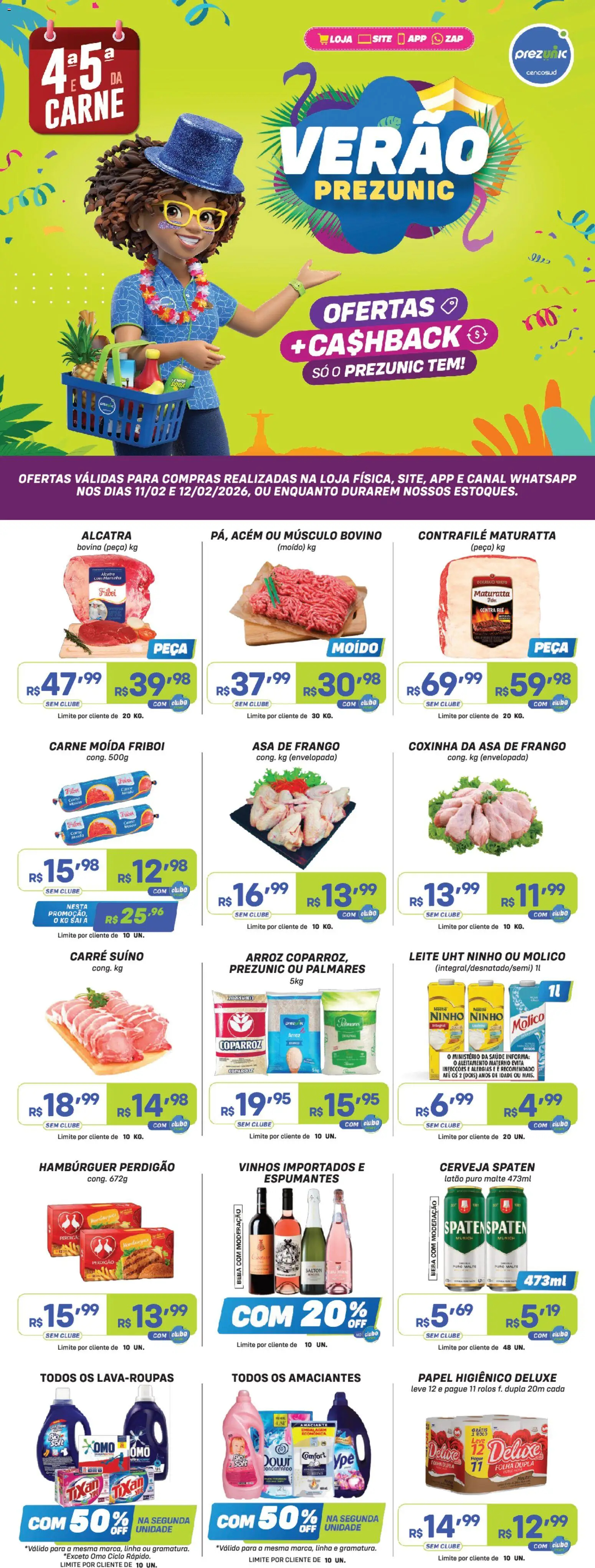 Prezunic Folheto - válido de 11.02.2026 | Página: 1 | Produtos: Acém, Maminha, Leite, Papel higiênico