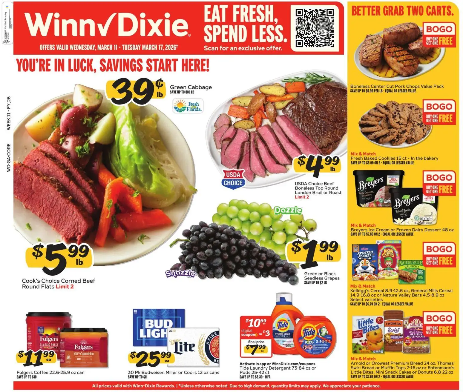 Winn Dixie Weekly Circular - GA - valid from 11.03.2026 | Page: 1 | Products: Bread, Cream, Cookies, Cabbage