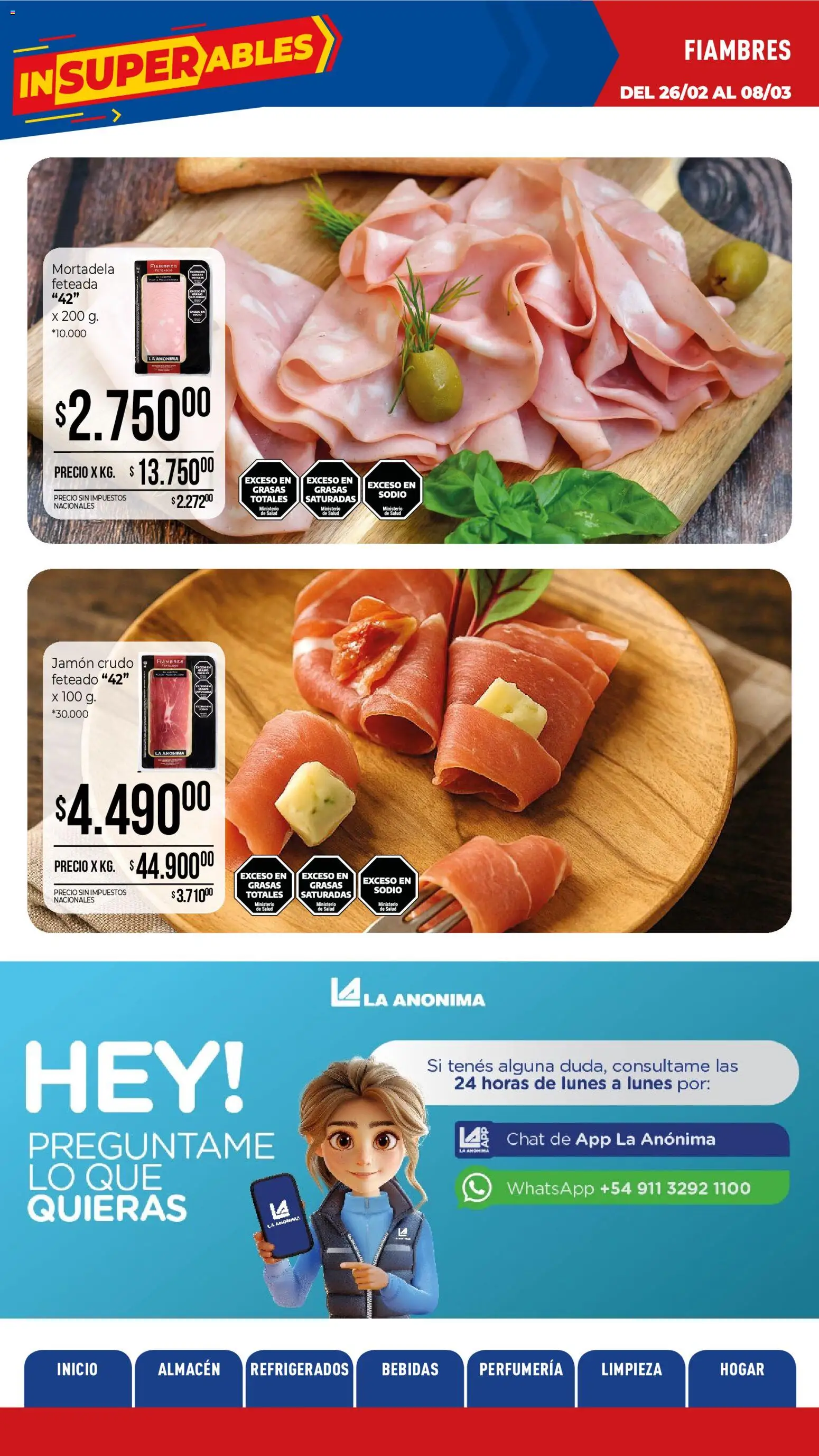La Anonima catálogo │ válido desde el 26.02.2026 | Página: 8 | Productos: Jamón crudo, Mortadela, Jamón