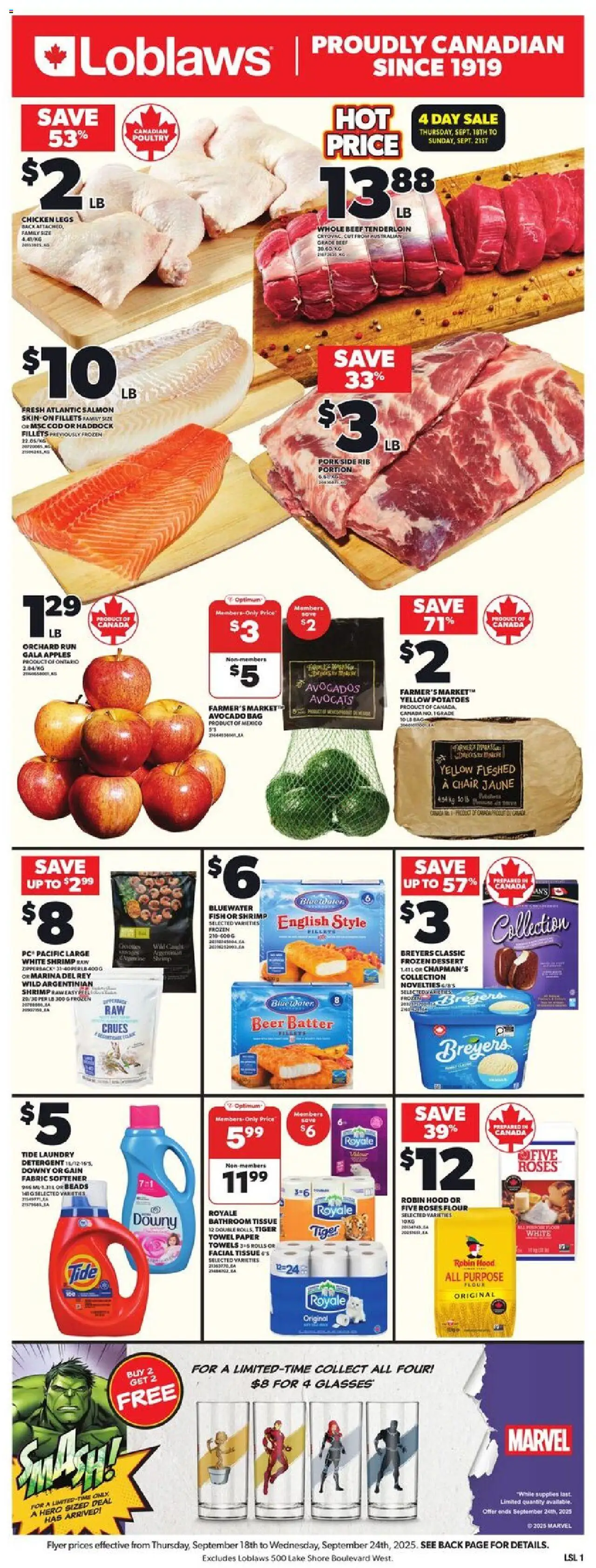 Loblaws flyer valid from 18.09.2025 | Page: 3 | Products: Glasses, Chair, Beer, Pork