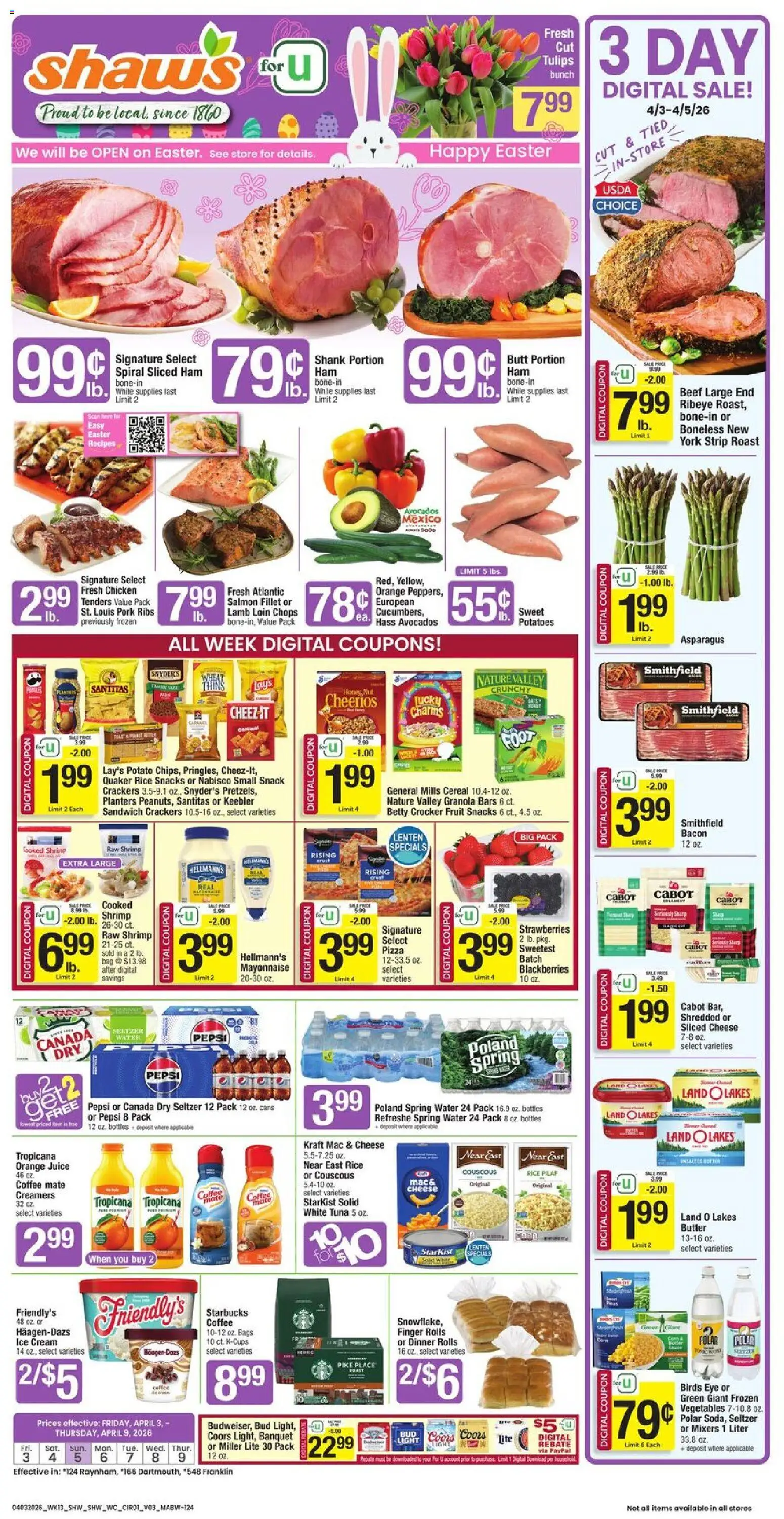 Shaw's Weekly Ad - MA - valid from 03.04.2026 | Page: 1 | Products: Coffee, Pork, Strawberries, Vegetables