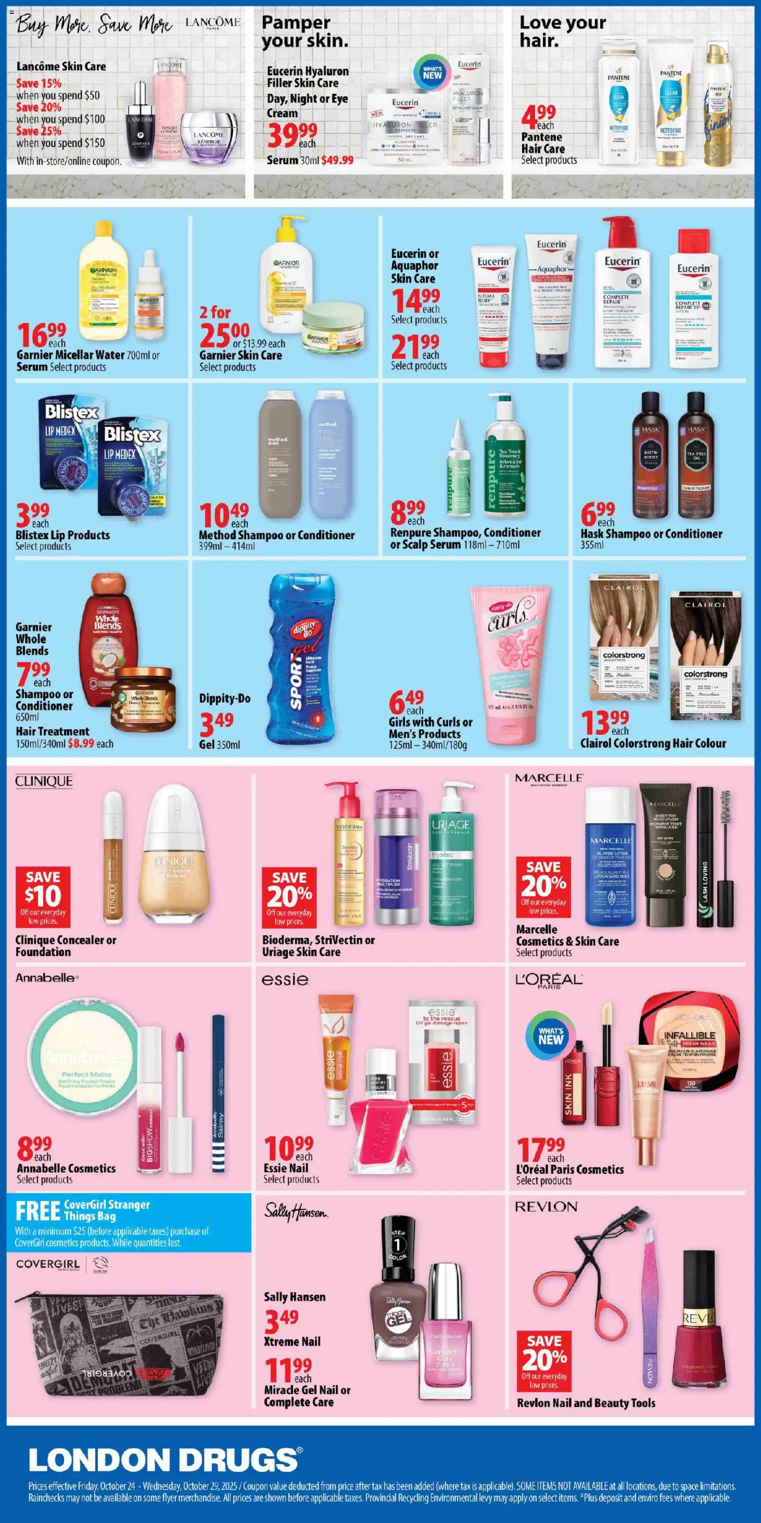 London Drugs flyer valid from 23.10.2025 | Page: 3 | Products: Cream, Shampoo, Conditioner, Micellar water