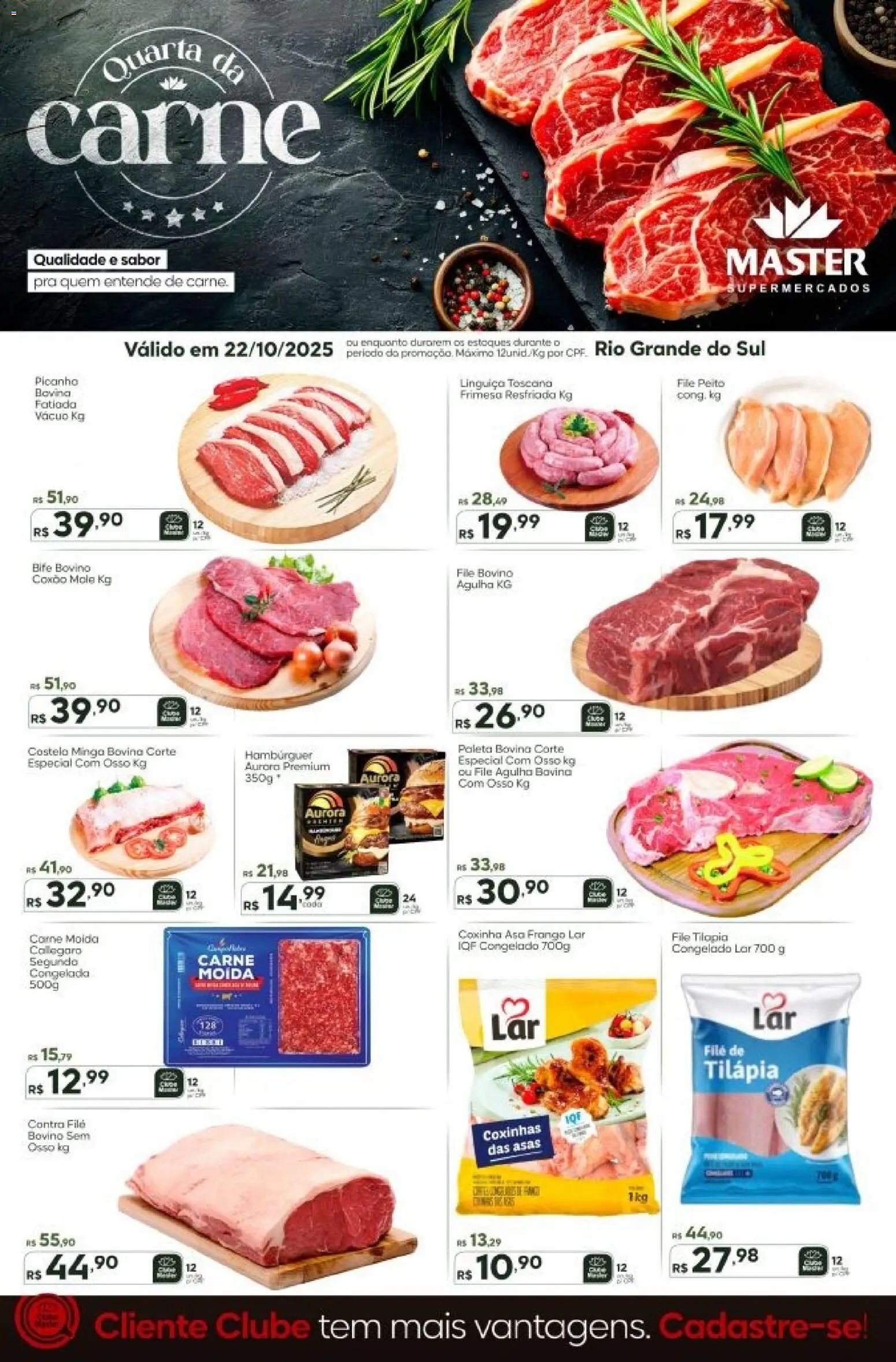 Master Folheto - válido de 22.10.2025 | Página: 1 | Produtos: Contra filé, Tilápia, Carne, Hambúrguer