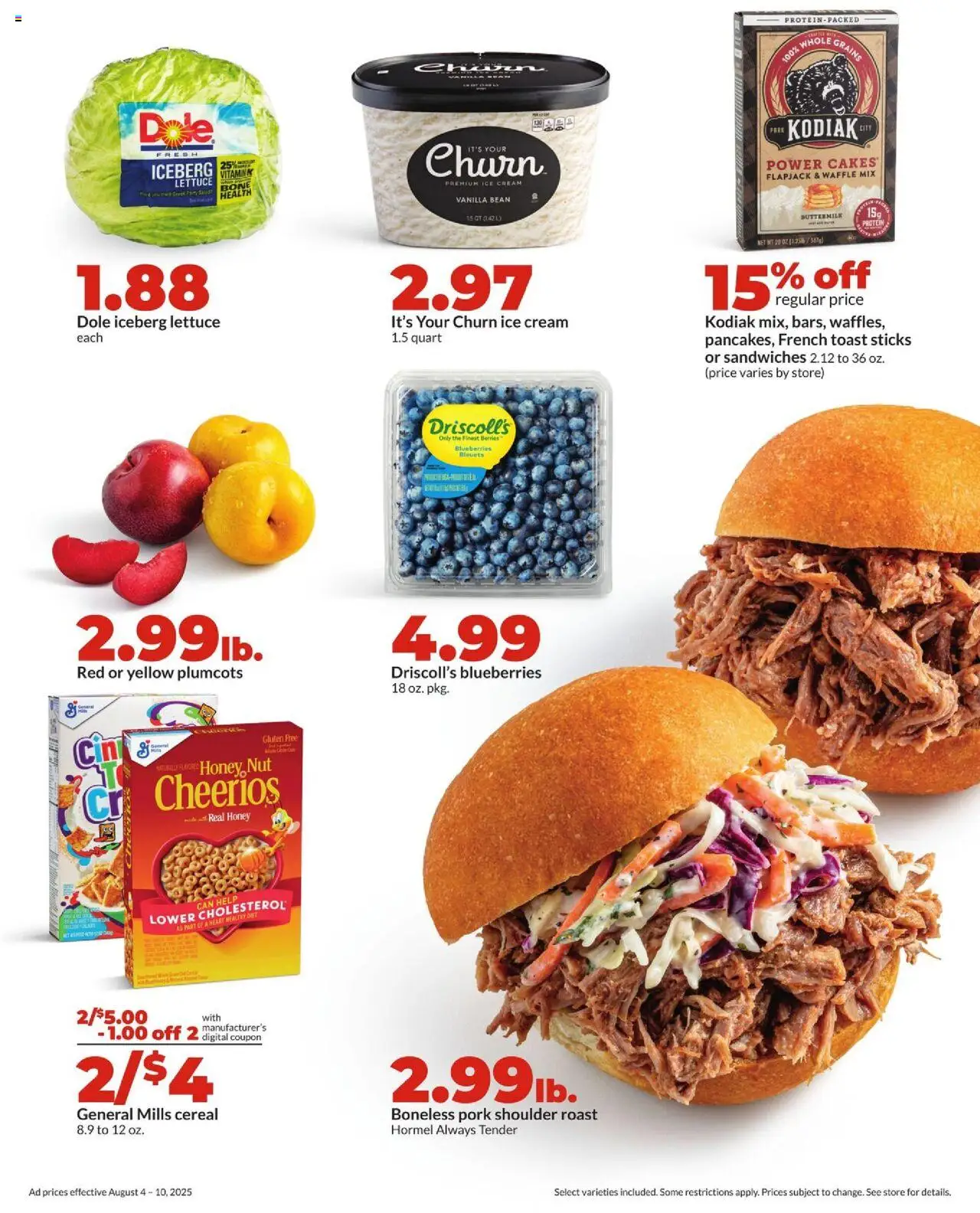 HyVee Weekly Ad - valid from 04.08.2025 | Page: 2 | Products: Pork, Cream, Ice cream, Blueberries