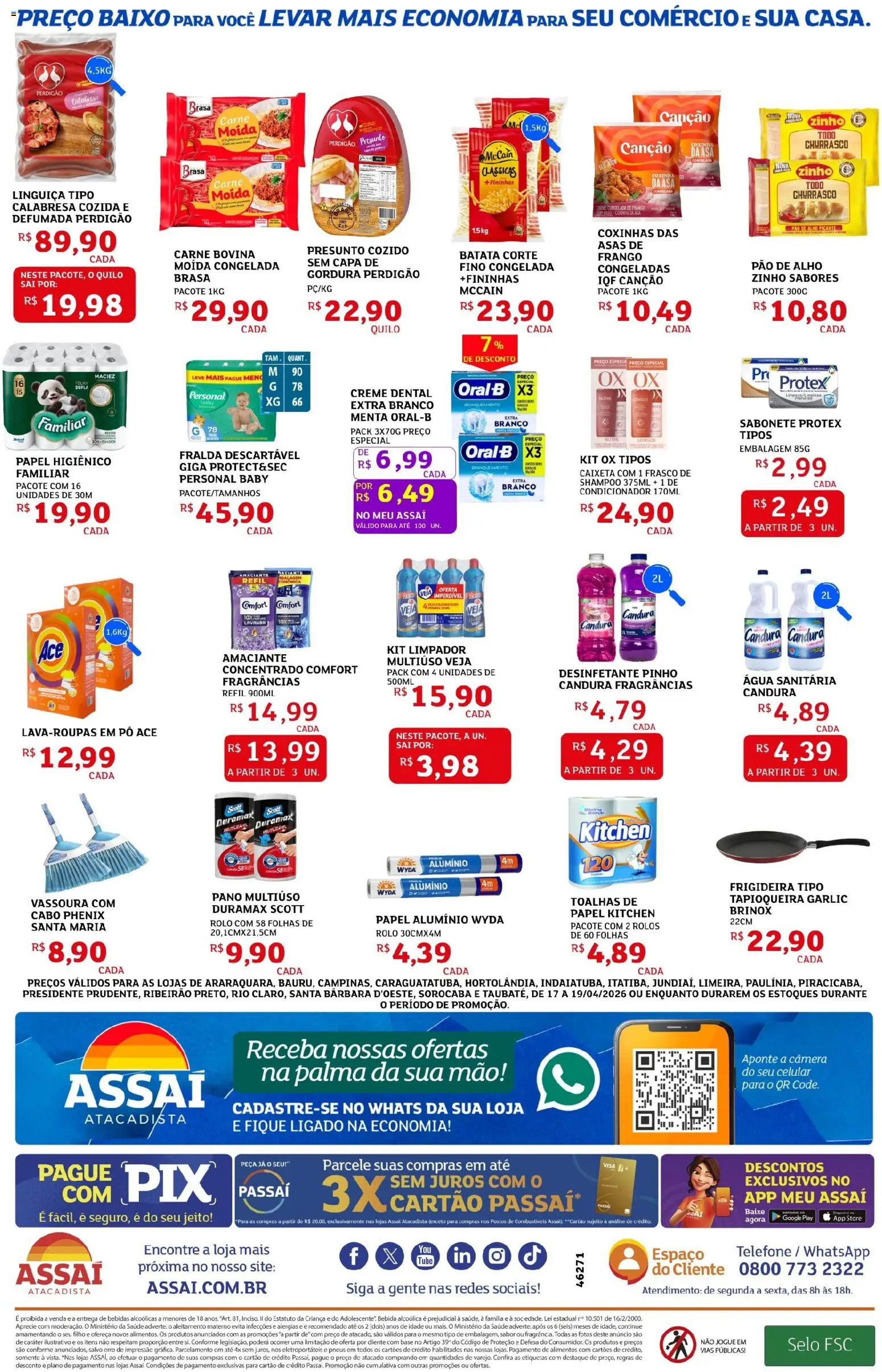 Assaí Atacadista Folheto - válido de 17.04.2026 | Página: 4 | Produtos: Linguiça, Pão, Telefone, Desinfetante