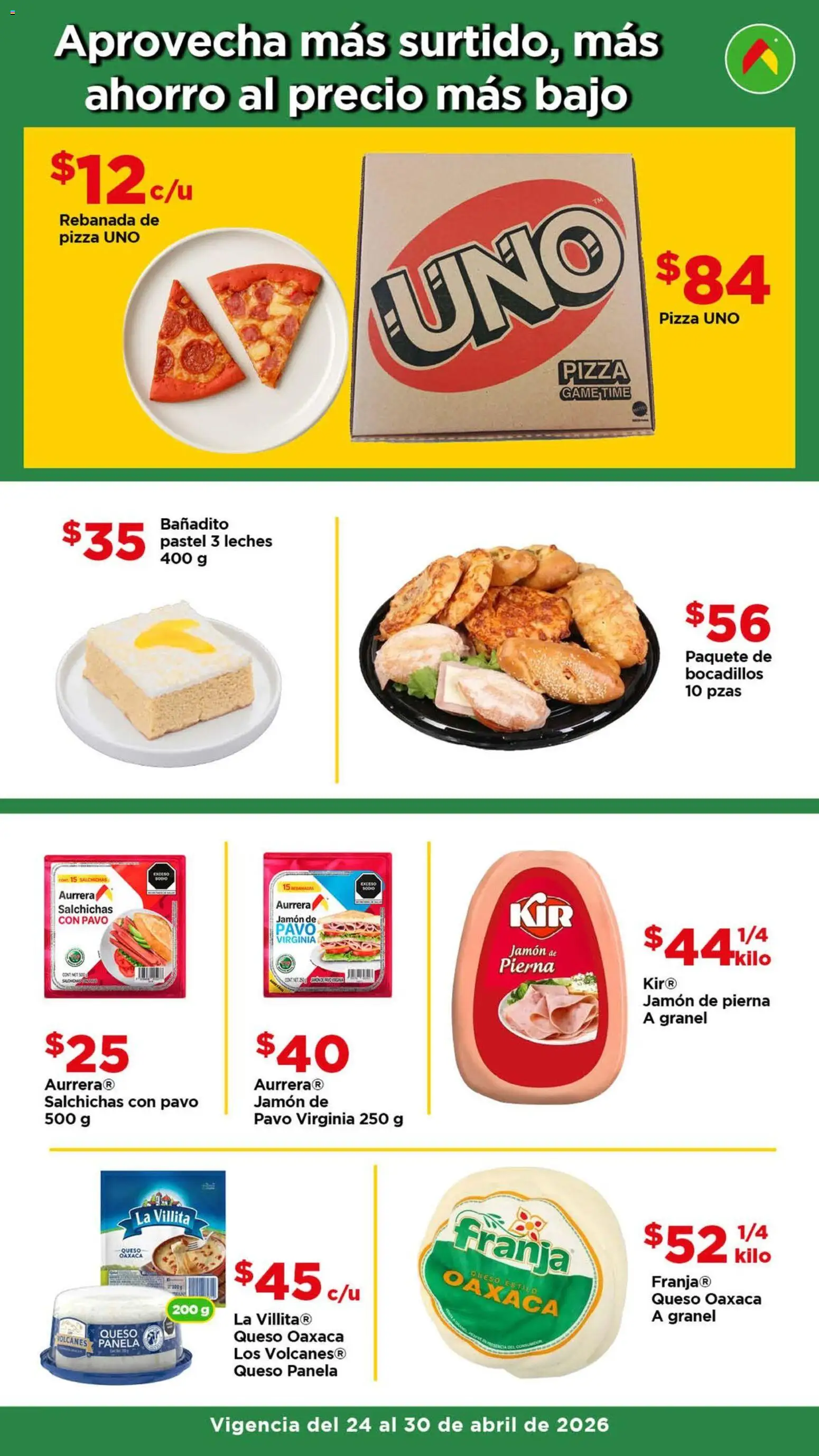 Nuevas ofertas de Bodega Aurrerá válidas en toda la República Mexicana desde el 24.04.2026. ¡Encuentra las mejores ofertas en Bodega Aurrerá folleto Consiéntete sin gastar de más! | Página: 4 | Productos: Queso, Pastel, Jamón, Pizza