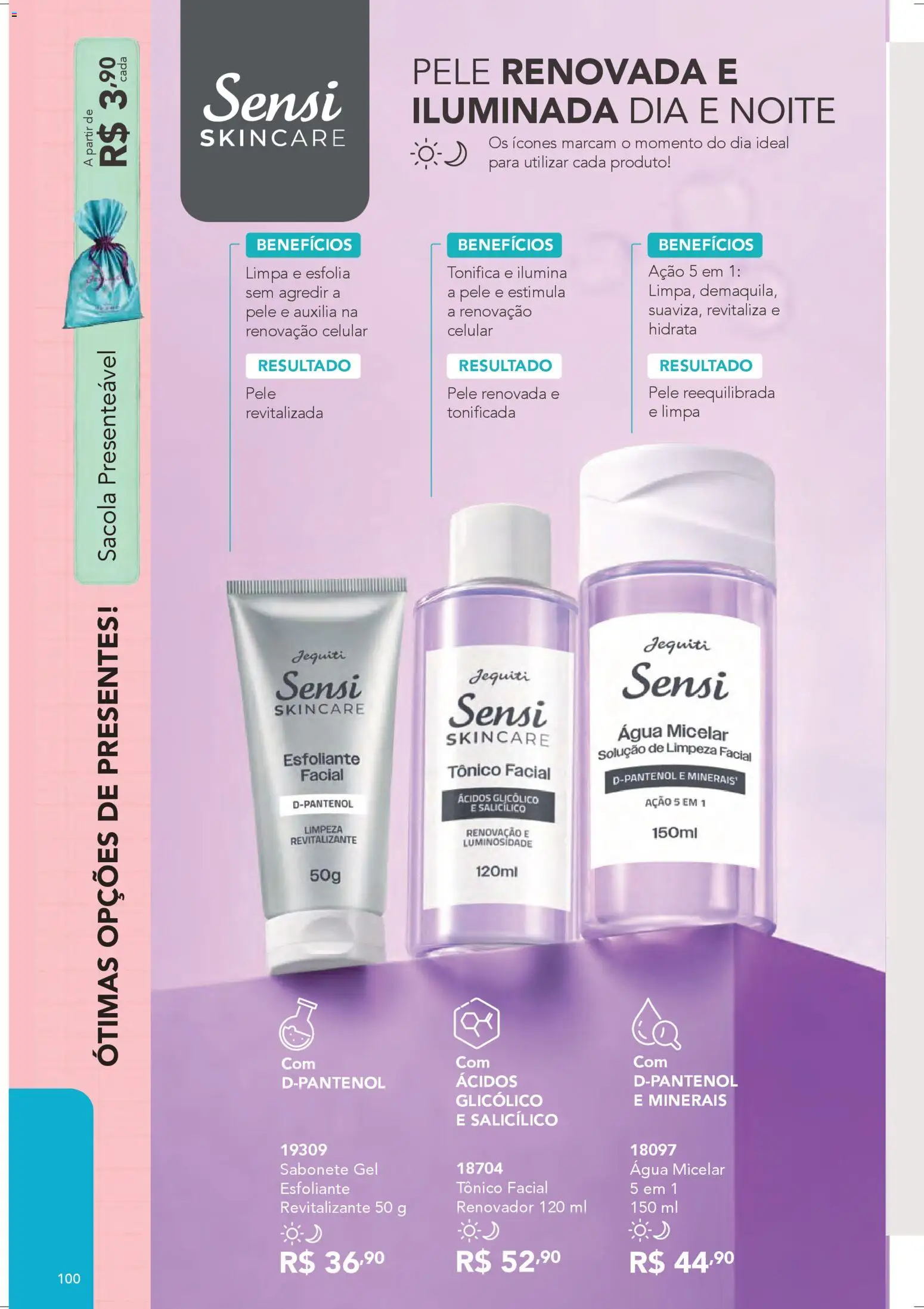 Jequiti Folheto - válido de 28.03.2026 | Página: 100 | Produtos: Tônico, Celular, Água micelar, Sabonete