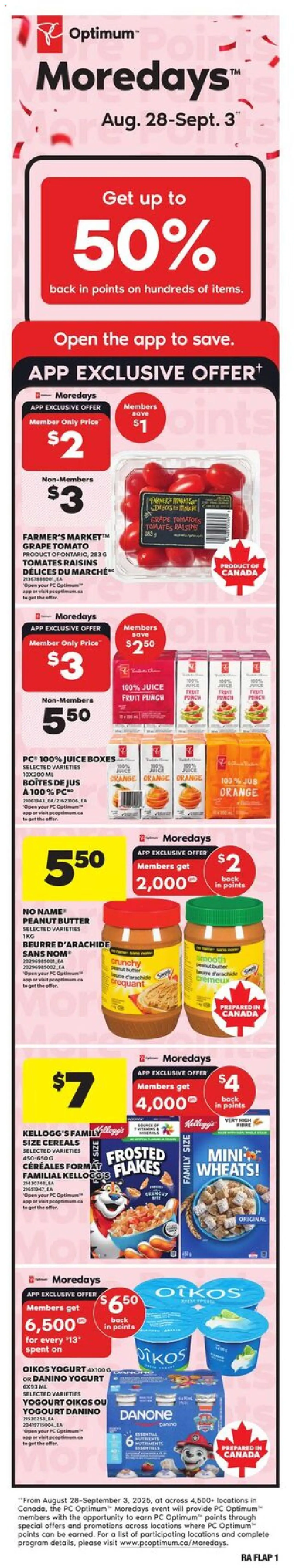 Atlantic Superstore flyer valid from 28.08.2025 | Page: 1 | Products: Cereals, PC, Yogurt, Juice
