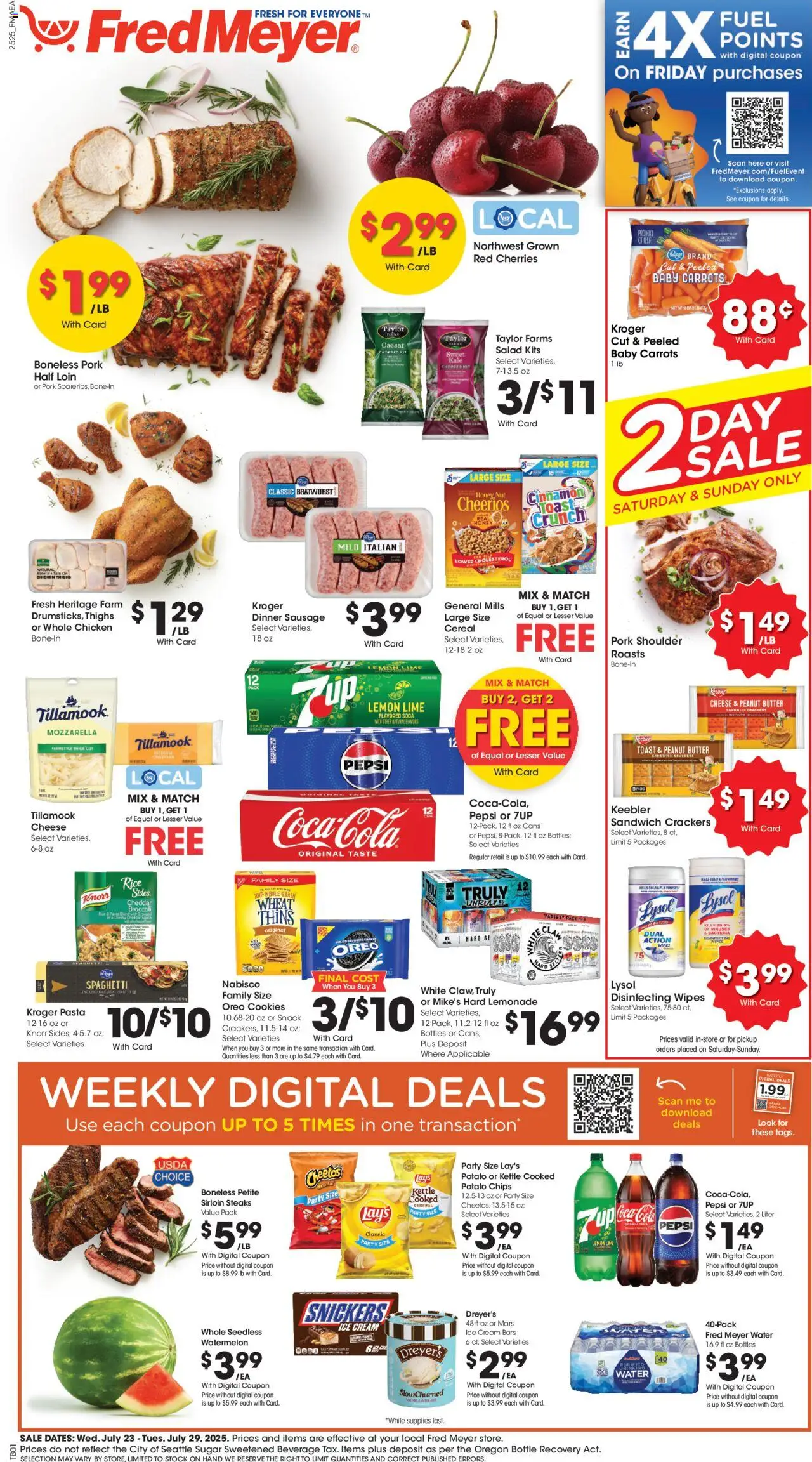 Fred Meyer Weekly Ad - valid from 23.07.2025 | Page: 1 | Products: Cherries, Cheese, Chips, Lemon