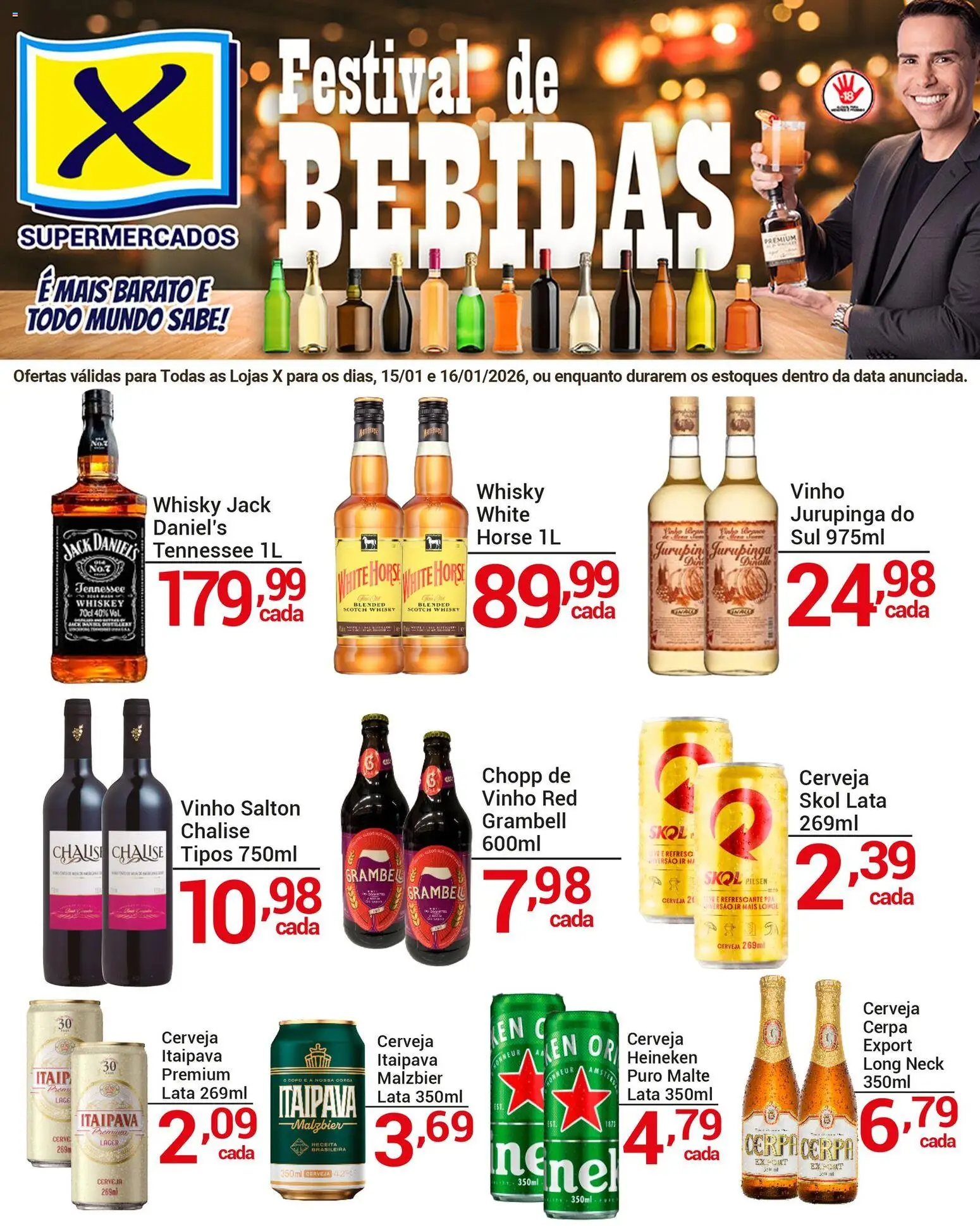 X Supermercados Folheto - válido de 15.01.2026 | Página: 1 | Produtos: Whisky, Vinho, Cerveja, Heineken