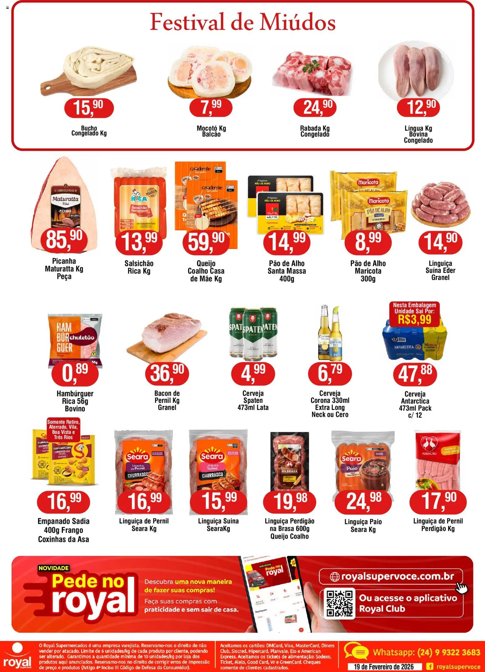 Royal Supermercados Folheto - válido de 19.02.2026 | Página: 2 | Produtos: Linguiça, Picanha, Hambúrguer, Chuletão