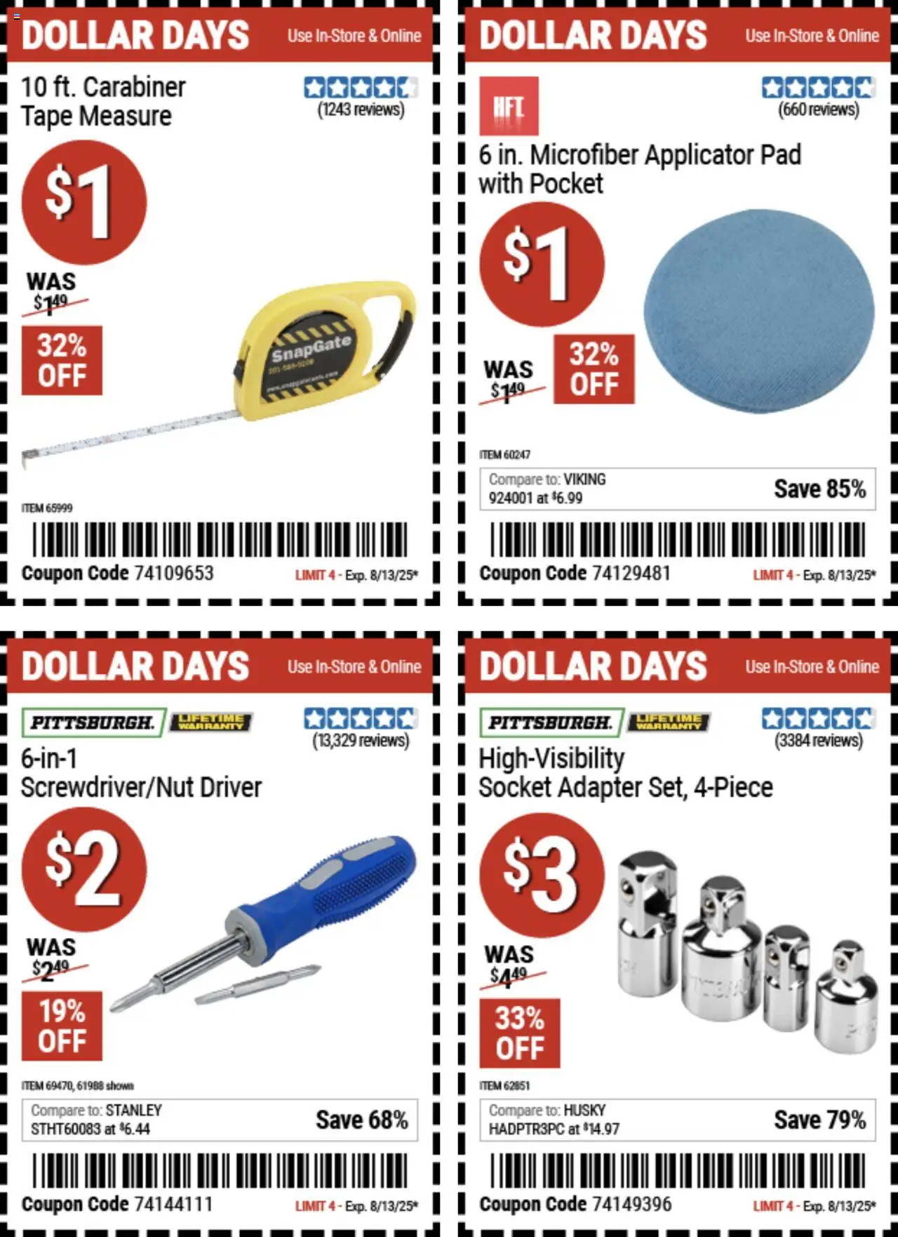 Harbor Freight Dollar Days - valid from 31.07.2025 | Page: 5 | Products: Socket, Tape Measure, Adapter