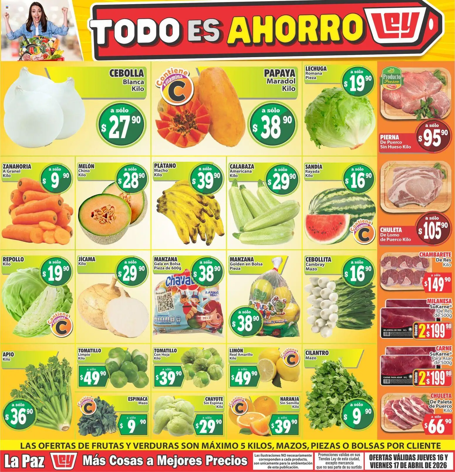 Nuevas ofertas de Casa Ley válidas en toda la República Mexicana desde el 16.04.2026. ¡Encuentra las mejores ofertas en Casa Ley folleto Las ofertas de frutas y verdunas La Paz! | Página: 1 | Productos: Plátano, Sandía, Res, Zanahoria