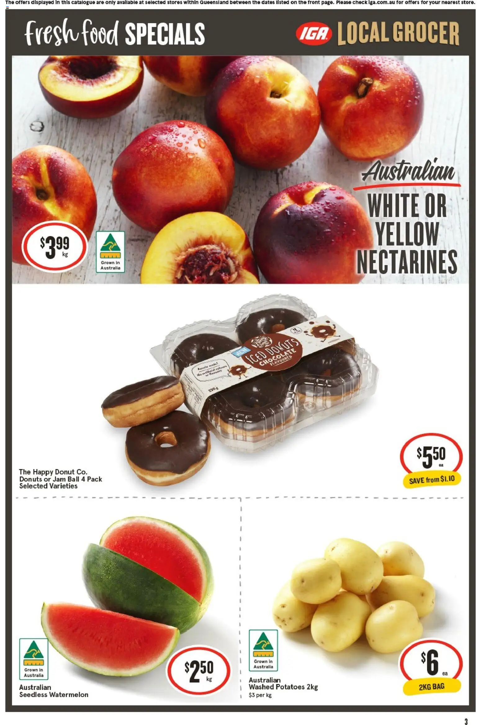 IGA catalogue - valid from 07.01.2026 | Page: 3 | Products: Donuts, Chocolate, Potatoes, Watermelon