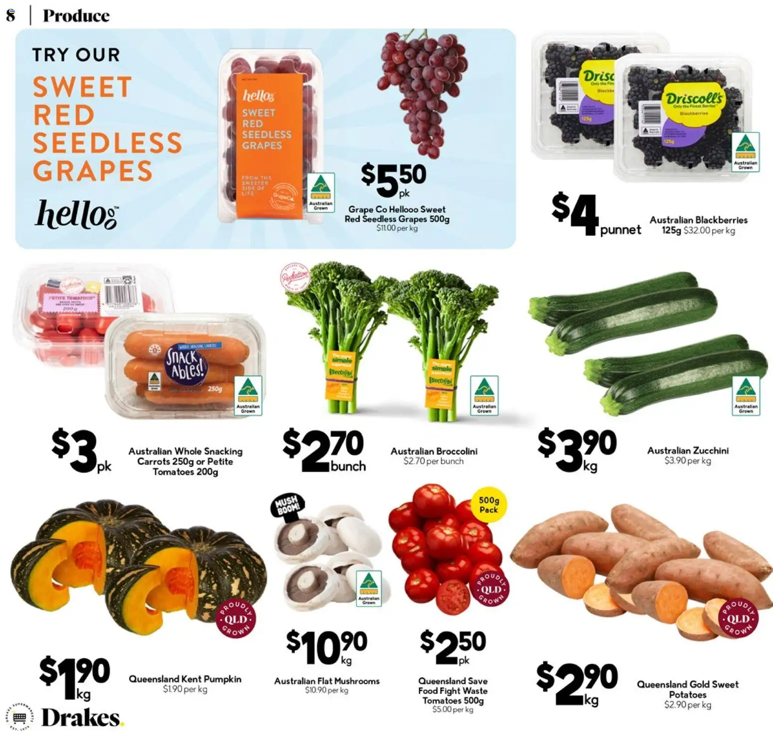 Drakes catalogue - valid from 25.03.2026 | Page: 8 | Products: Tomatoes, Mushrooms, Potatoes, Pumpkin