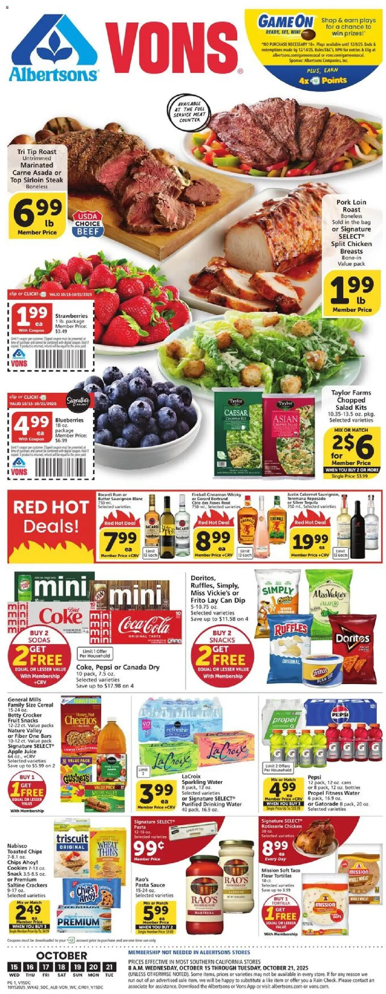 Vons Weekly Ad - SoCal - valid from 15.10.2025 | Page: 1 | Products: Wc, Beef, Pasta, Game