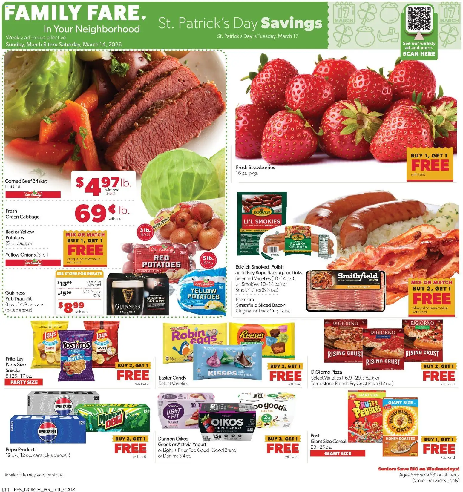 Family Fare Weekly Ad - MI - valid from 08.03.2026 | Page: 1 | Products: Milk, Strawberries, Potatoes, Cabbage