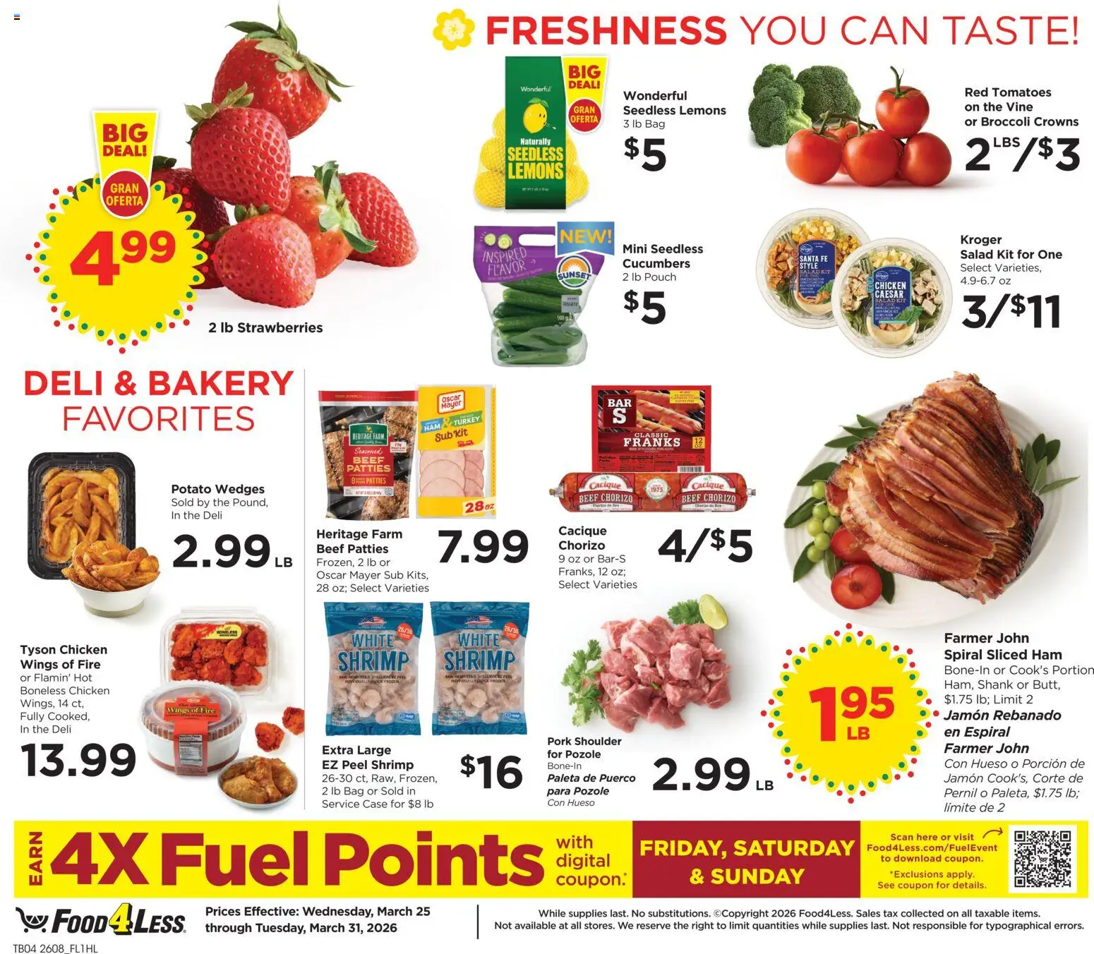 Food 4 Less Weekly Ad - valid from 25.03.2026 | Page: 5 | Products: Ham, Beef, Strawberries, Bag