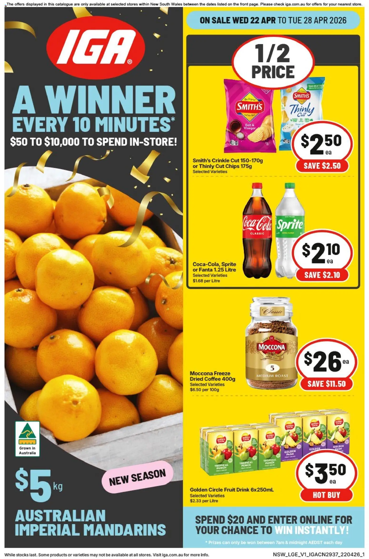IGA catalogue - valid from 22.04.2026 | Page: 1 | Products: Coffee, Mandarins, Salt, Moccona