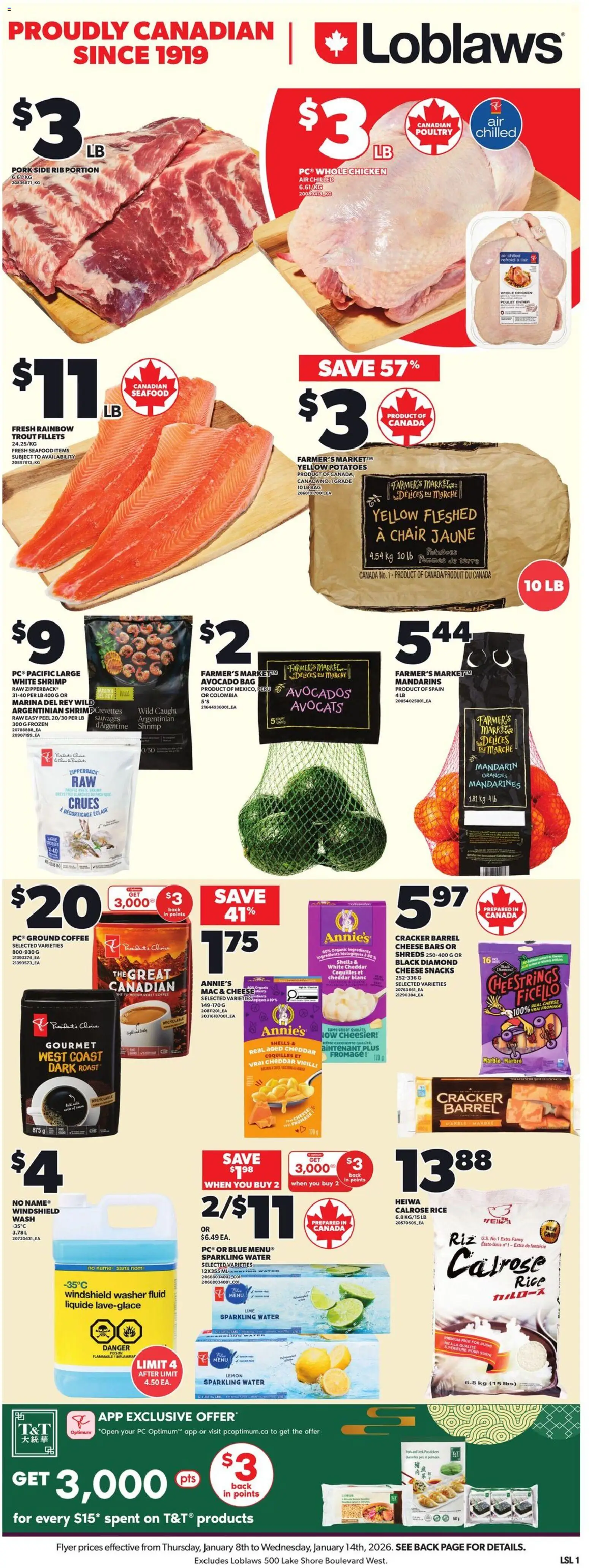 Loblaws flyer valid from 08.01.2026 | Page: 3 | Products: Rice, PC, Cheese, Coffee