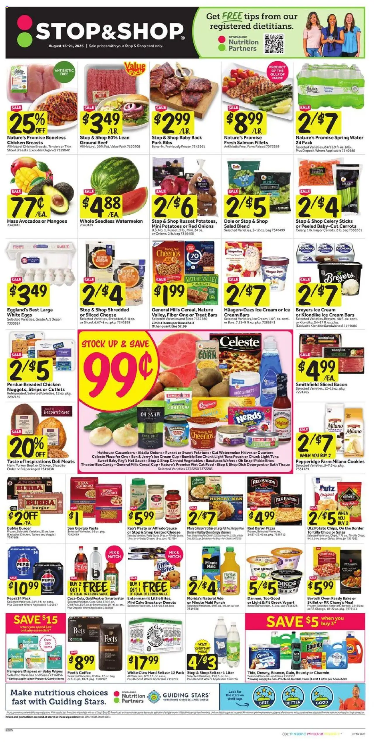 Stop & Shop Weekly Circular - CT - valid from 15.08.2025 | Page: 1 | Products: Yogurt, Pasta, Water, Sauce