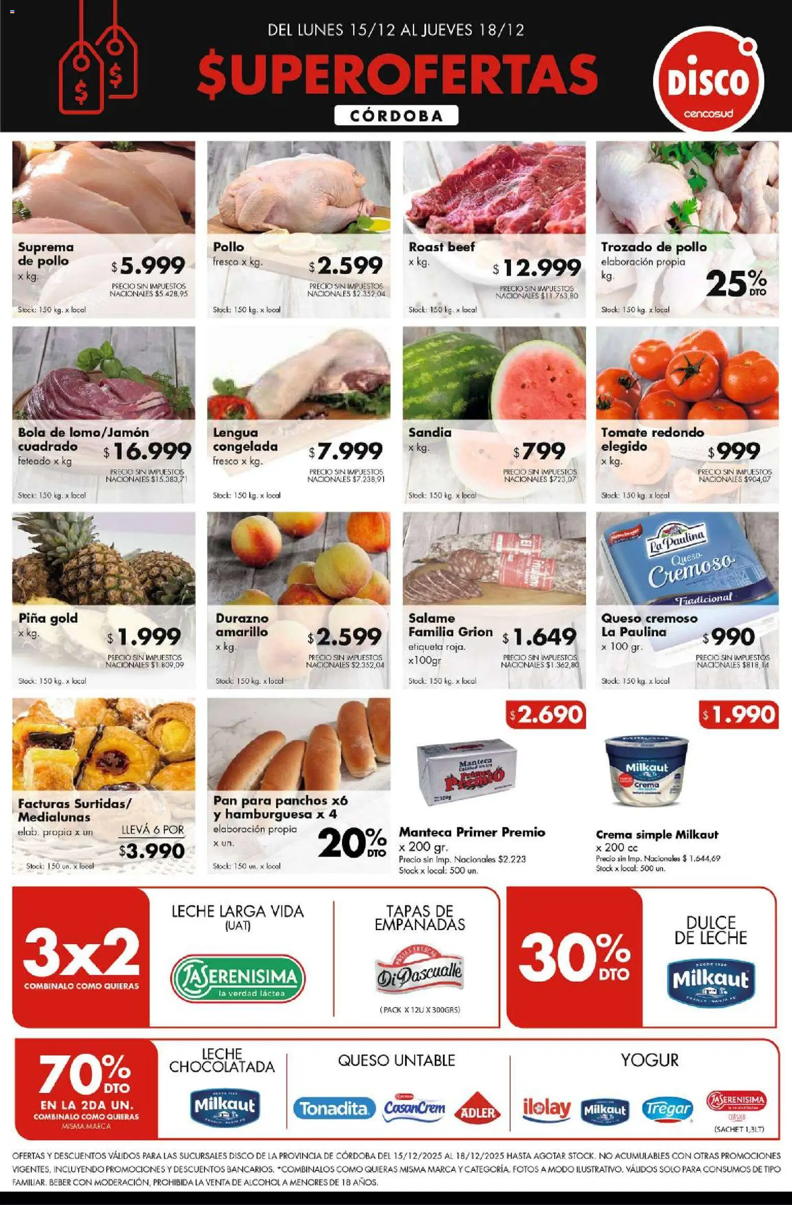 Disco ofertas - CÓRDOBA │ válido desde el 14.12.2025 | Página: 1 | Productos: Sandía, Dulce de leche, Queso, Salame