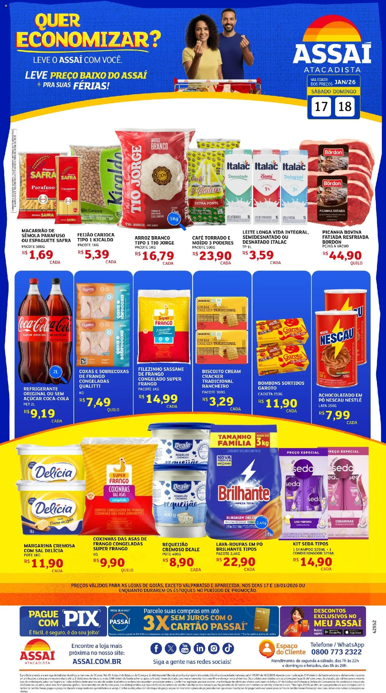 Assaí Atacadista Folheto - válido de 17.01.2026 | Página: 1 | Produtos: Feijão, Baixo, Telefone, Creme de leite