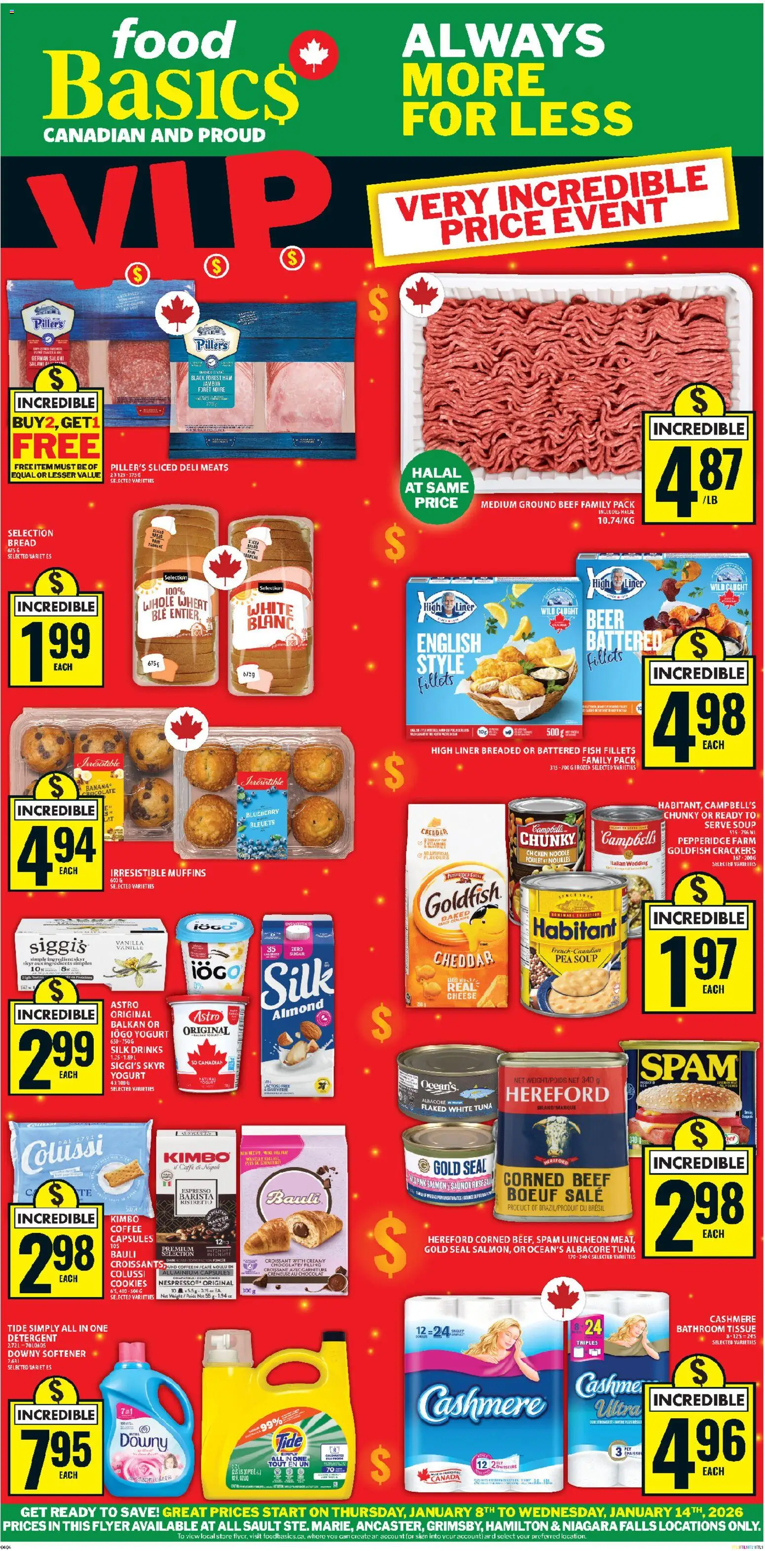 Food Basics flyer valid from 08.01.2026 | Page: 1 | Products: Fish, Beef, Cookies, Coffee