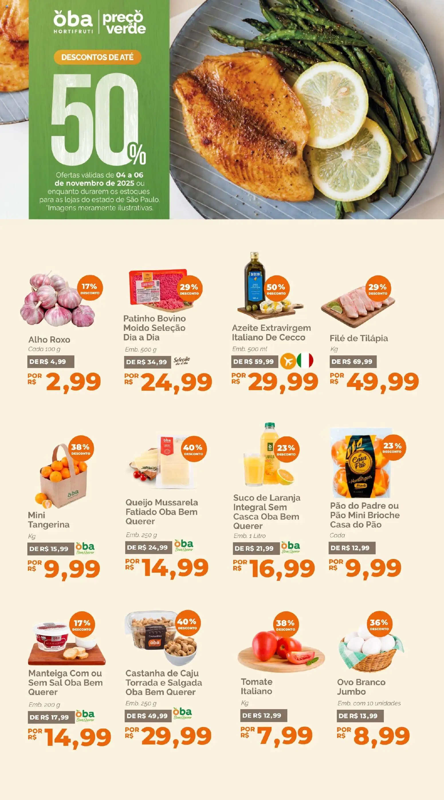 Oba Hortifruti Folheto - válido de 04.11.2025 | Página: 1 | Produtos: Manteiga, Queijo, Pão, Mussarela