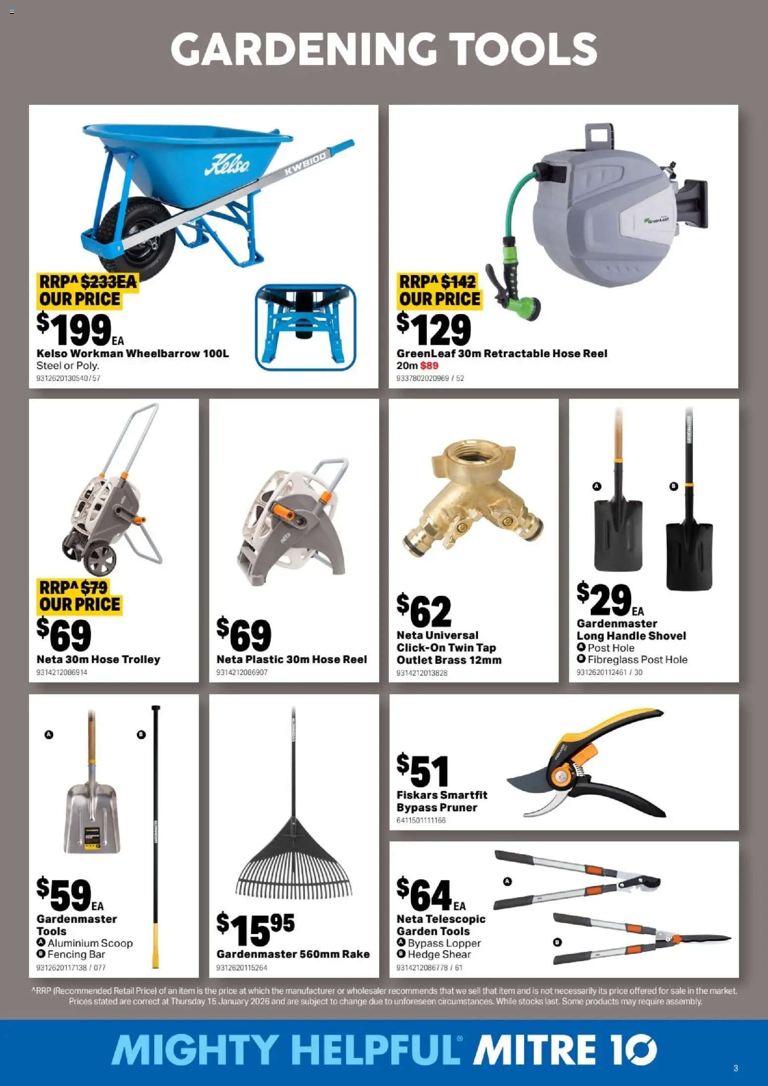 Mitre 10 catalogue - valid from 25.02.2026 | Page: 3 | Products: Shovel, Rake, Tap, Tools