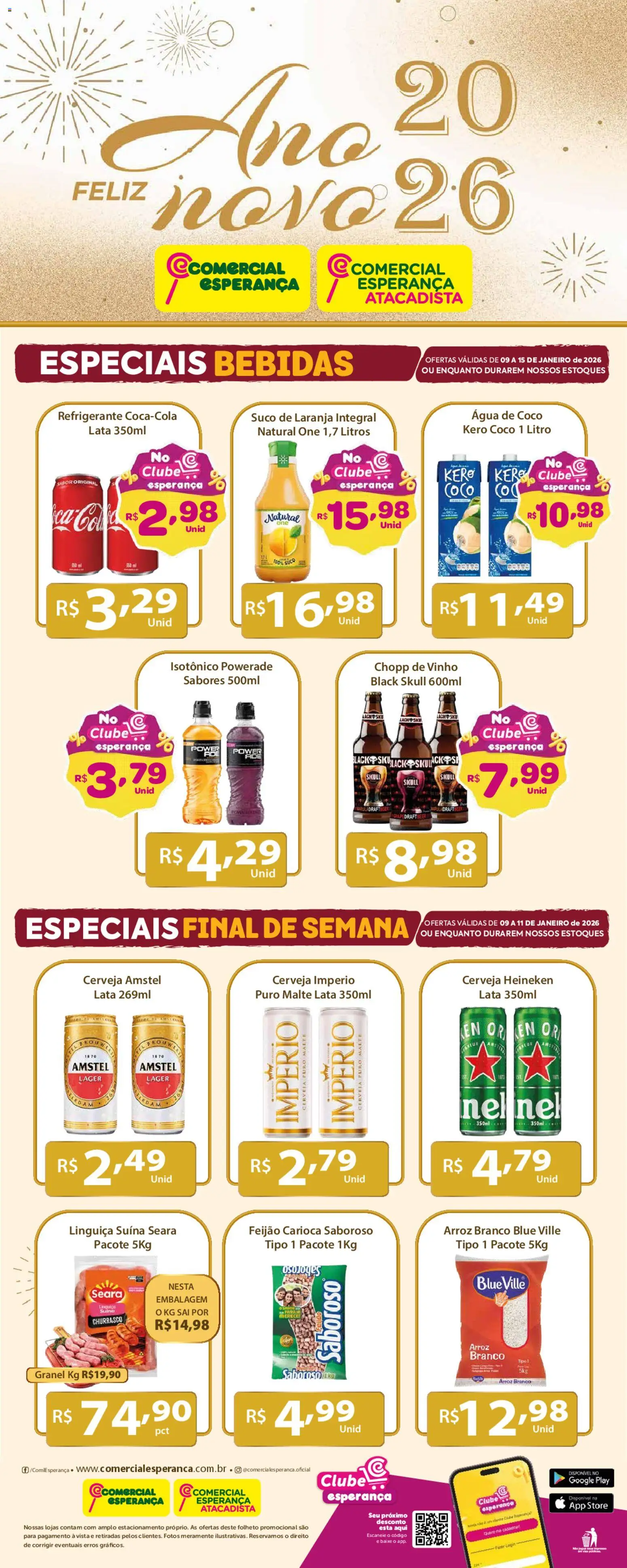 Comercial Esperança Folheto - válido de 09.01.2026 | Página: 1 | Produtos: Linguiça, Cerveja, Refrigerante, Isotônico