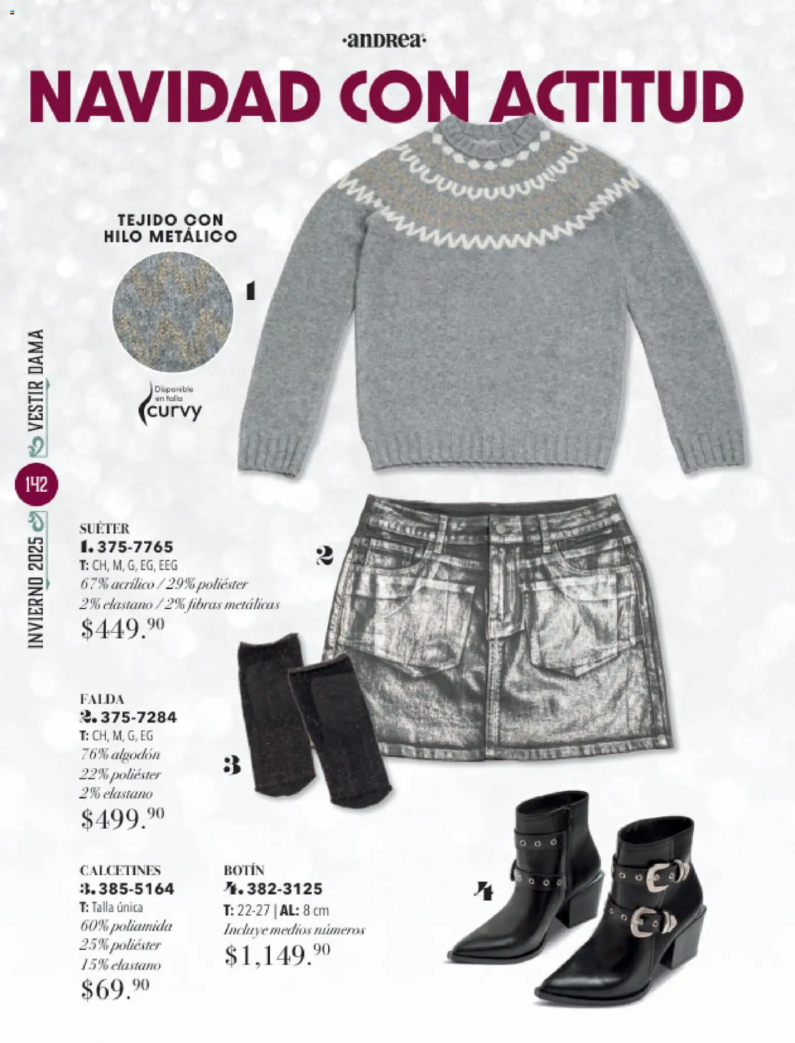 Nuevas ofertas de Andrea válidas en toda la República Mexicana desde el 26.11.2025. ¡Encuentra las mejores ofertas en Andrea catálogo Invierno! | Página: 142 | Productos: Suéter, Algodón, Botín, Falda