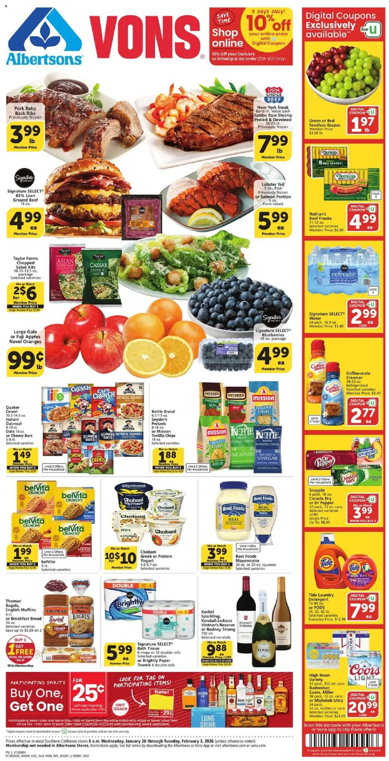 Vons Weekly Ad - SoCal - valid from 28.01.2026 | Page: 1 | Products: Ginger, Detergent, Salad, Sugar
