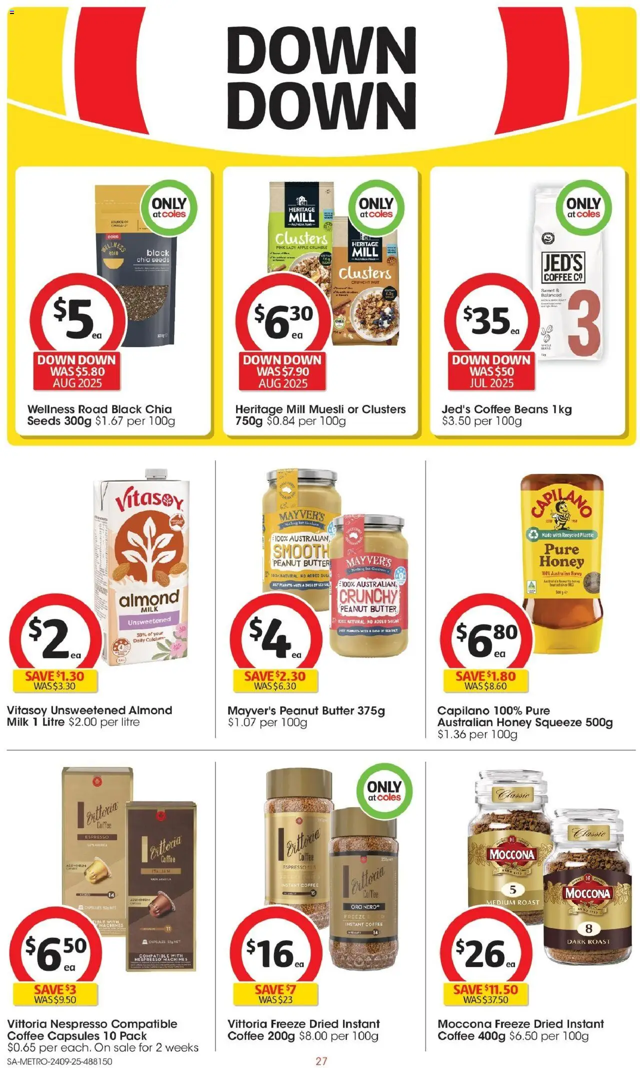 Coles catalogue - valid from 24.09.2025 | Page: 27 | Products: Honey, Peanuts, Sugar, Moccona