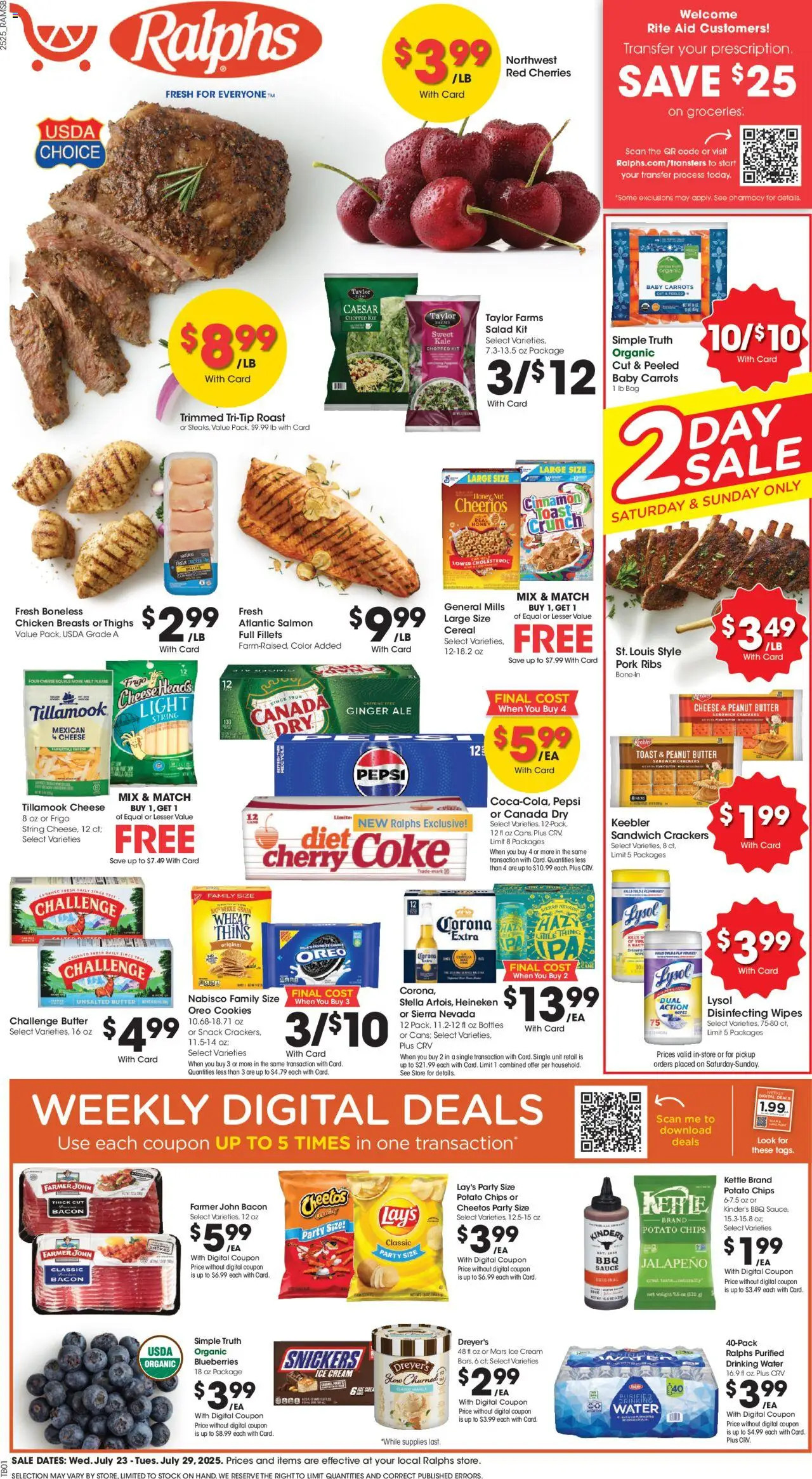 Ralphs Weekly Ad - CA - valid from 23.07.2025 | Page: 1 | Products: Kale, Pork, Cream, Water