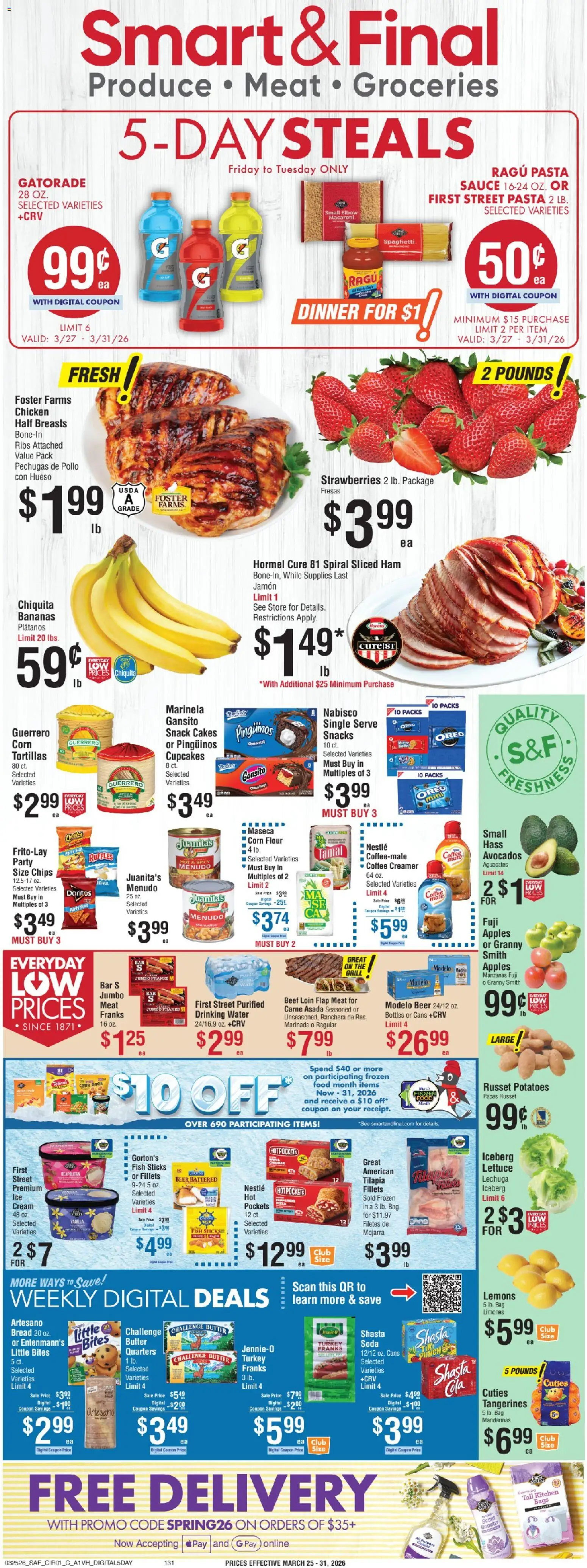 Smart & Final Weekly Ad - valid from 27.03.2026 | Page: 1 | Products: Corn, Fish, Strawberries, Cream