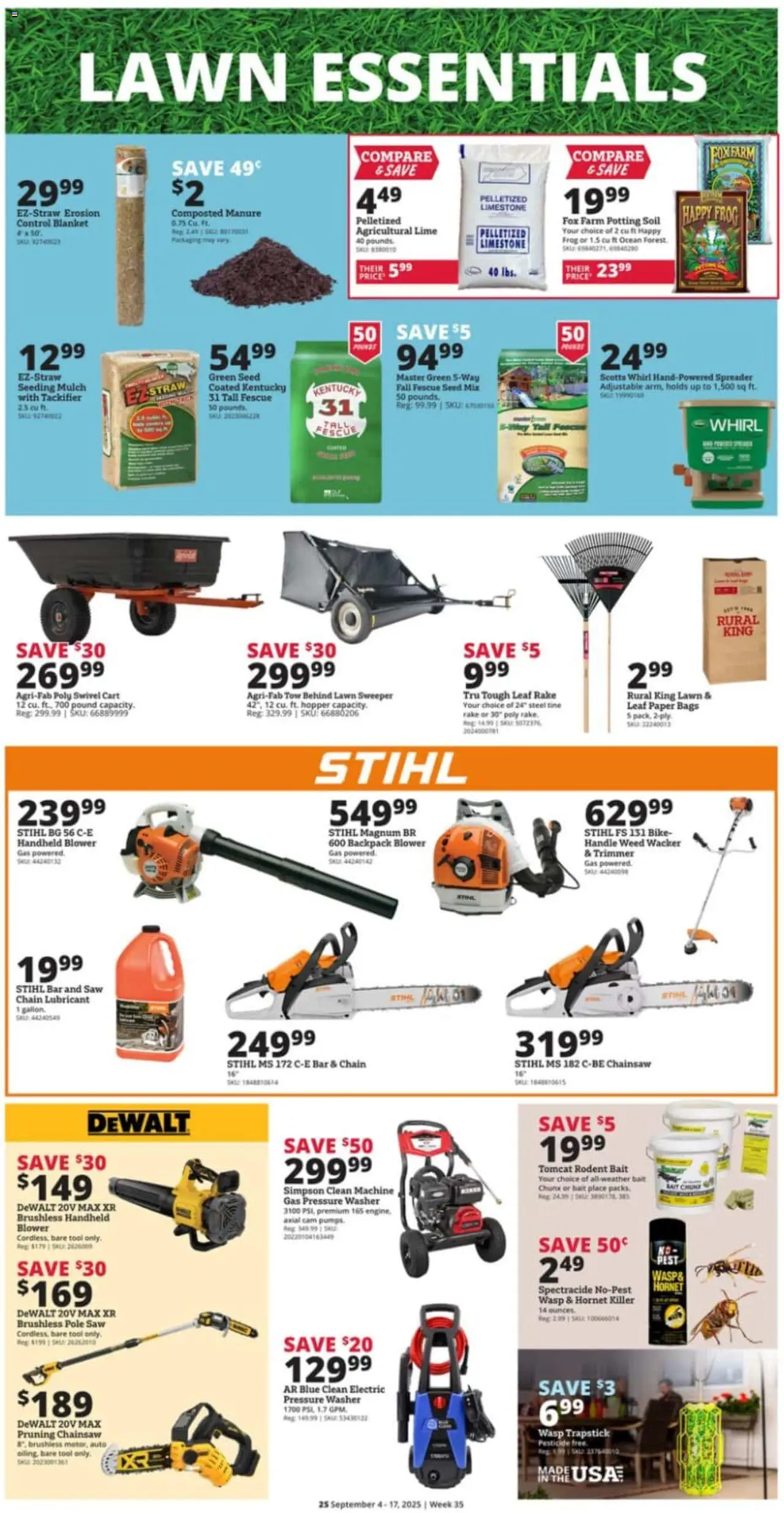 Rural King Weekly Ad - valid from 04.09.2025 | Page: 4 | Products: Trimmer, Blanket, Saw, Backpack