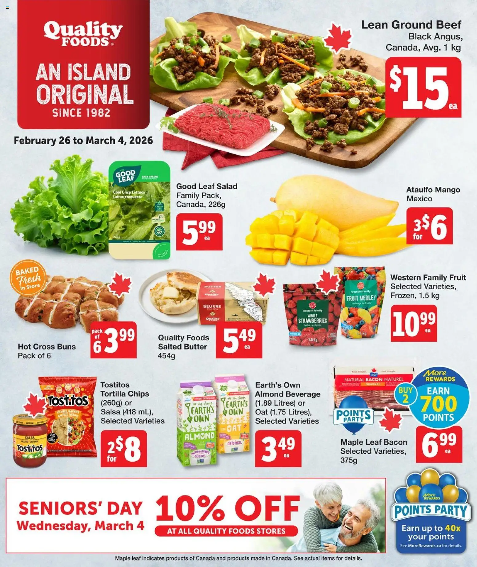 Quality Foods flyer valid from 26.02.2026 | Page: 1 | Products: Strawberries, Chips, Salad, Butter