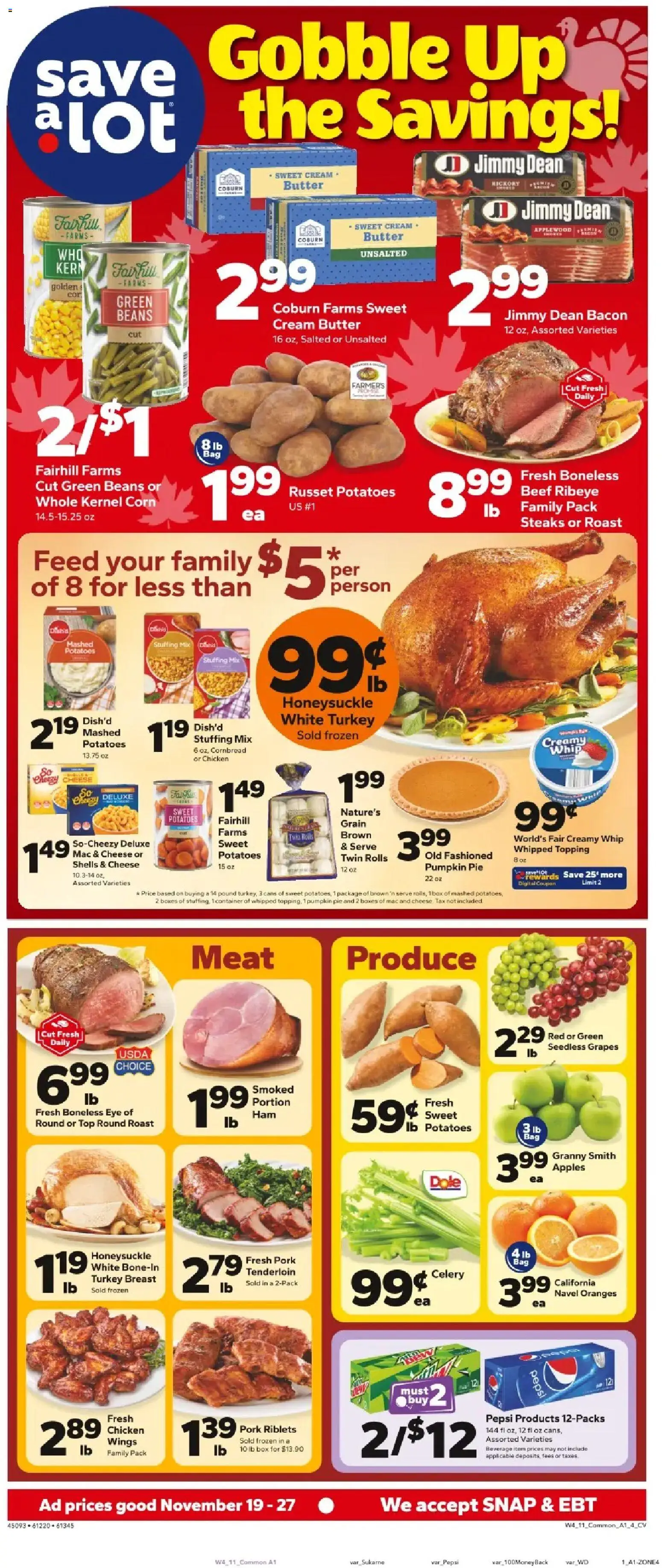 Save a Lot Weekly Ad - valid from 19.11.2025 | Page: 1 | Products: Cheese, Pork, Oranges, Pumpkin Pie