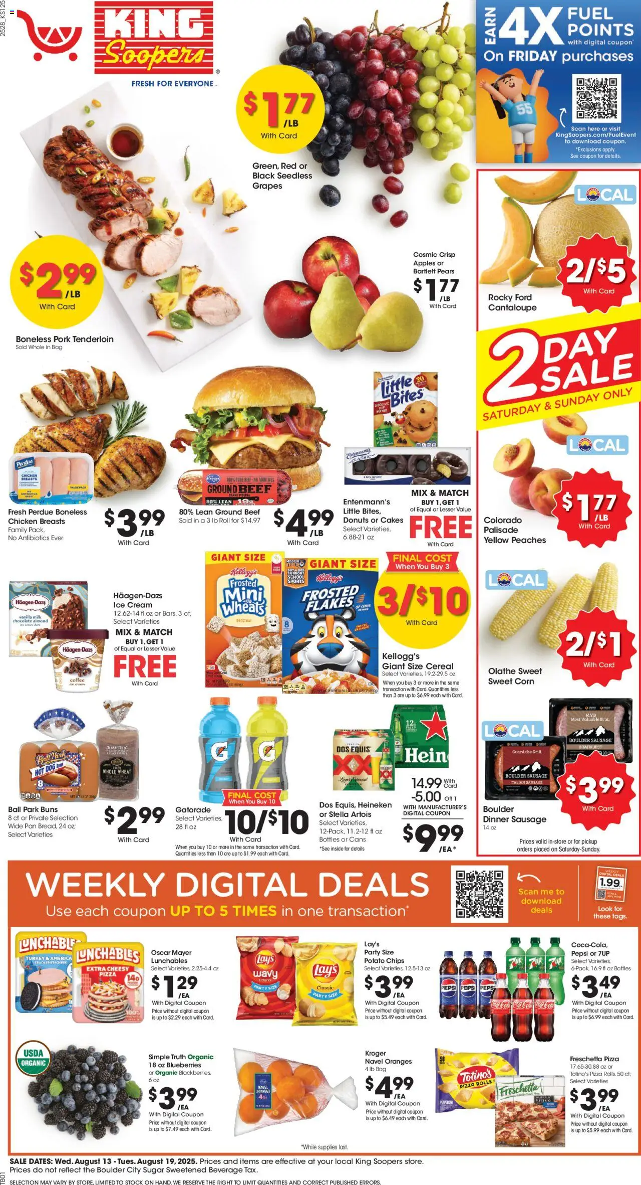 King Soopers Weekly Ad - CO - valid from 13.08.2025 | Page: 1 | Products: Pork, Beef, Cream, Ice cream