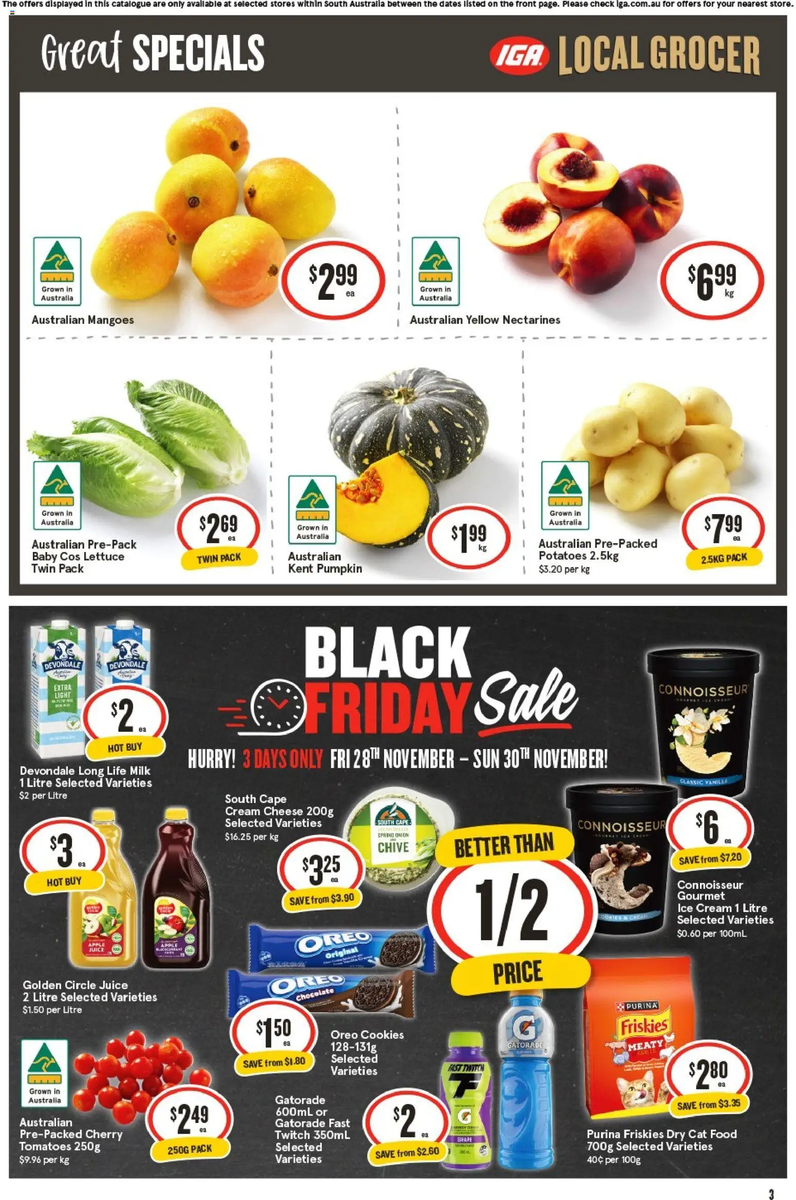 IGA catalogue - valid from 26.11.2025 | Page: 3 | Products: Milk, Juice, Ice cream, Potatoes