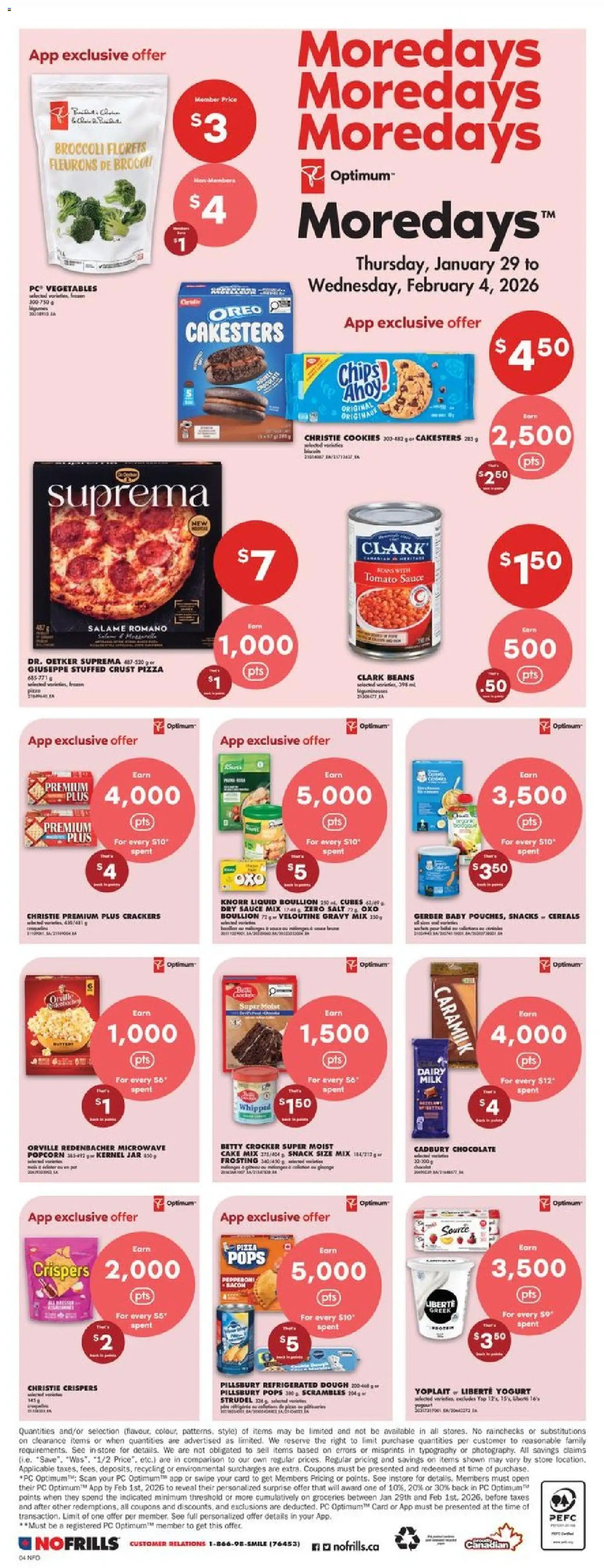 No Frills flyer valid from 29.01.2026 | Page: 4 | Products: Cereals, Chips, Milk, Pizza
