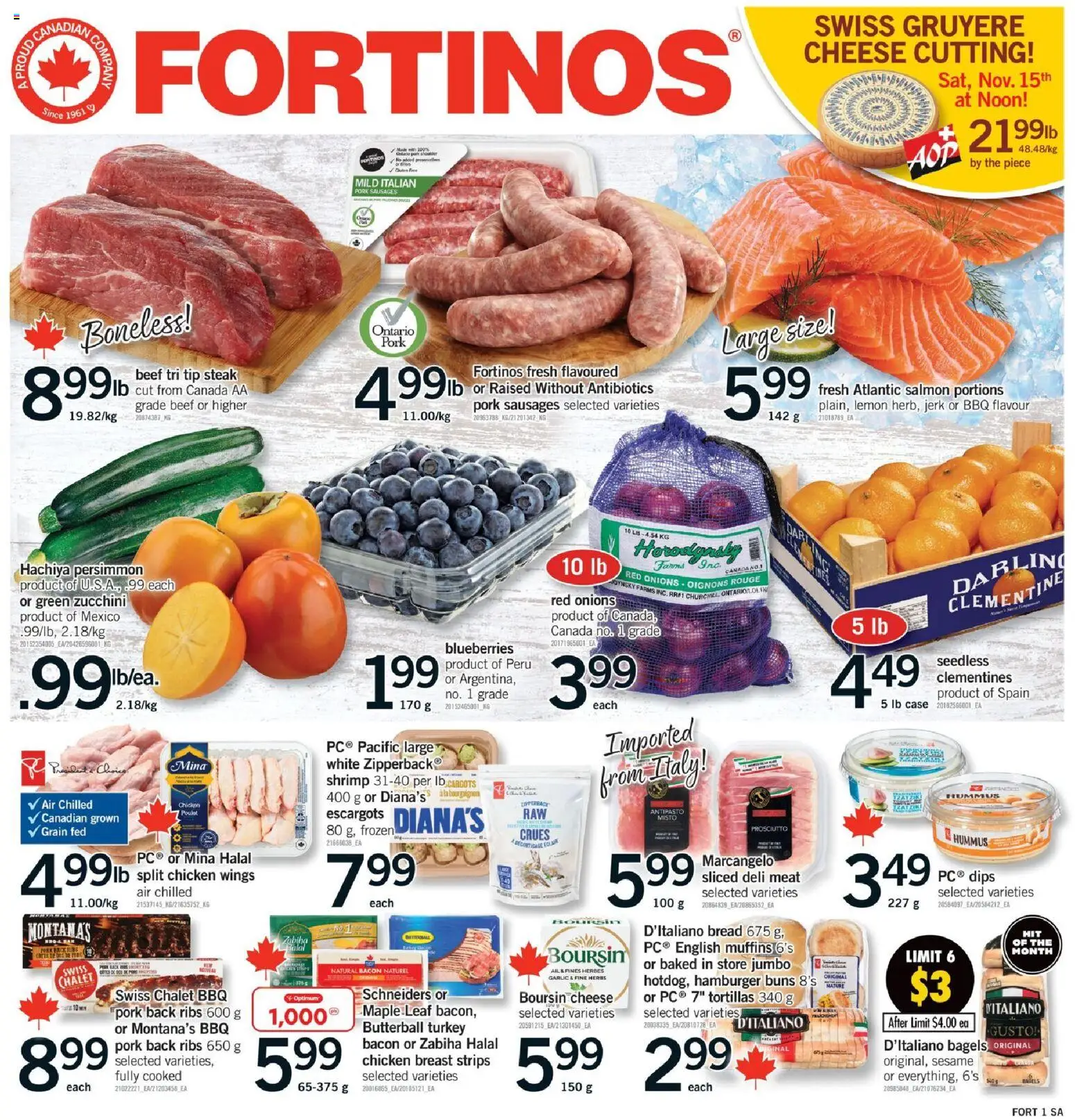Fortinos flyer valid from 13.11.2025 | Page: 1 | Products: Cheese, Bread, Chicken, Pork