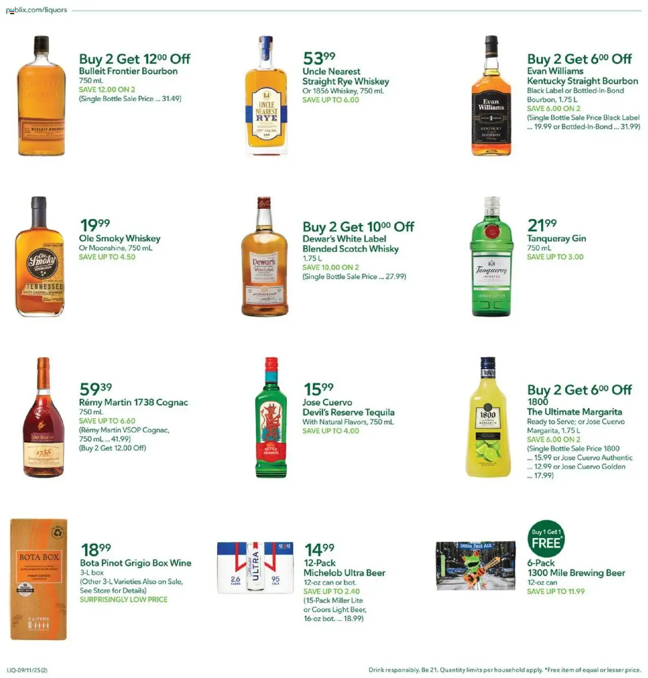 Publix Liquor - valid from 11.09.2025 | Page: 2 | Products: Beer, Bourbon, Gin, Whiskey