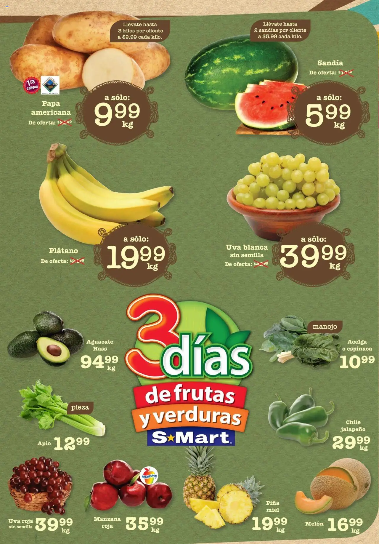 Nuevas ofertas de S-Mart válidas en toda la República Mexicana desde el 15.07.2025. ¡Encuentra las mejores ofertas en S-Mart - Folleto - Ciudad Juárez! | Página: 1 | Productos: Plátano, Acelga, Melón, Uva